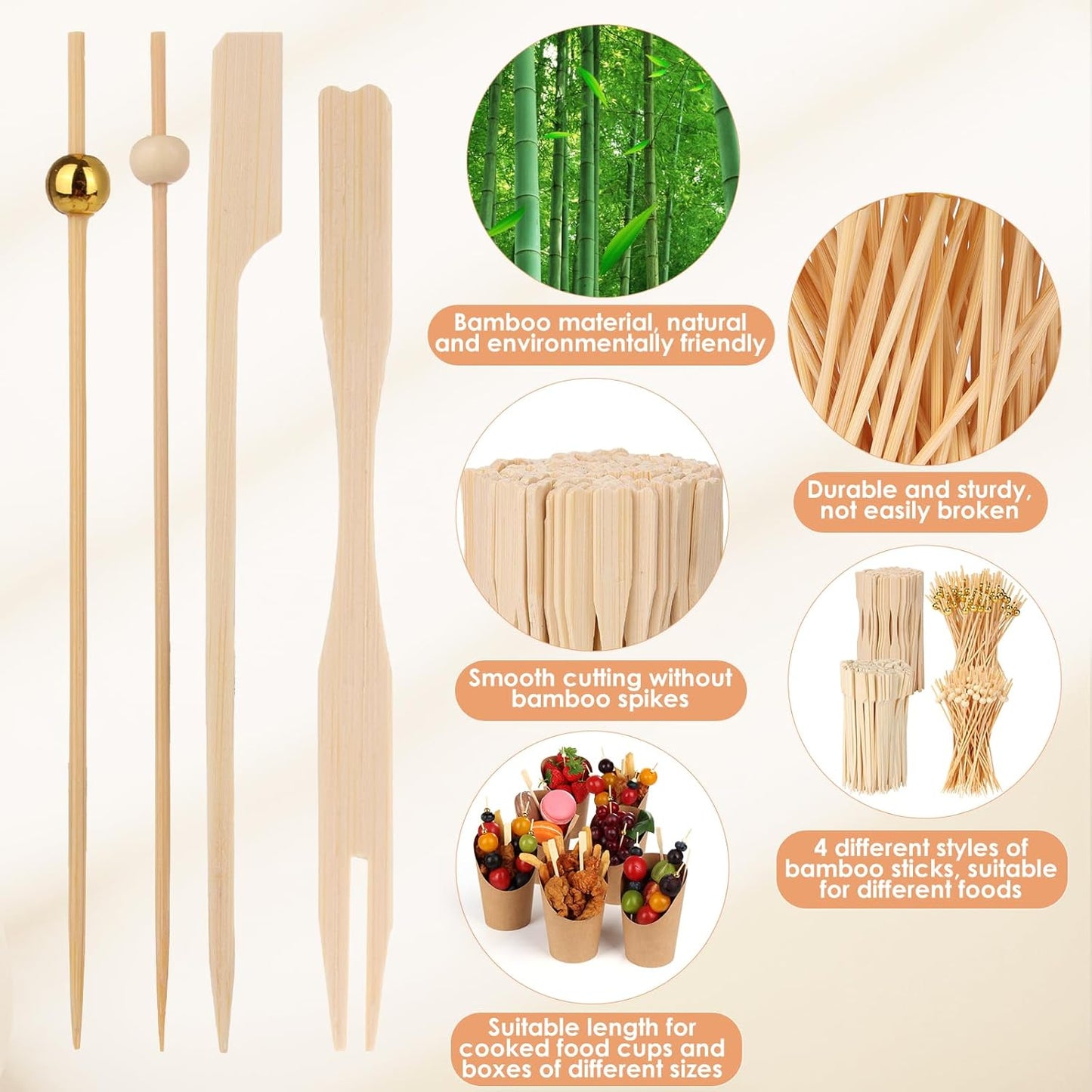 400PCS Cocktail Picks, Sublaga 4.7" Eco-Friendly Natural Bamboo Ball Food Picks, Fancy Toothpicks for Appetizers, Drinks Party Fruit, Bamboo Gold Ball Food Sticks Charcuterie Boards Accessories