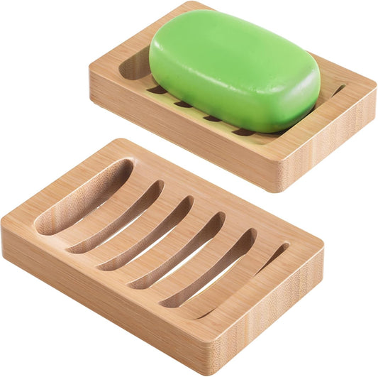 AmazerBath Soap Holder Soap Dish, Bamboo Soap Dish, 2 Pack Wood Bar Soap Holder for Shower, Trays Self Draining, Soap Saver for Shower, Bathroom, Kitchen(Natural Color)