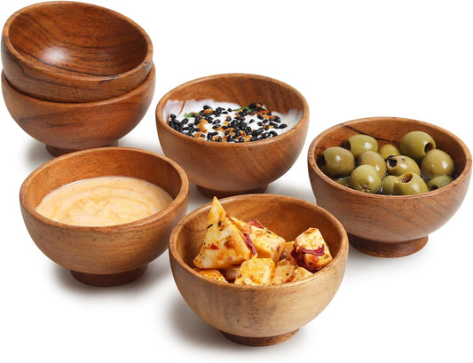 Set of 6 Acacia Wood Small Bowls, 4 Fl Oz 3.25 * 2 Inches | Hand Carved Wooden Kitchen Mini Cups for Dipping Sauce, Salsa, Prep, Salt & Condiments | Charcuterie Board Accessories