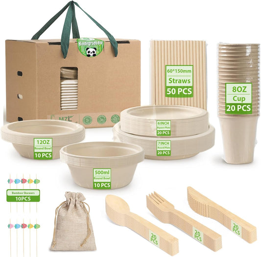 200Pcs Compostable Paper Set Eco-Friendly Heavy-Duty Disposable Plates Cutlery Utensils, Bamboo Plates Bowls Forks Knives Spoons Cups Straws Fruit Sticks for Wedding Party Picnic