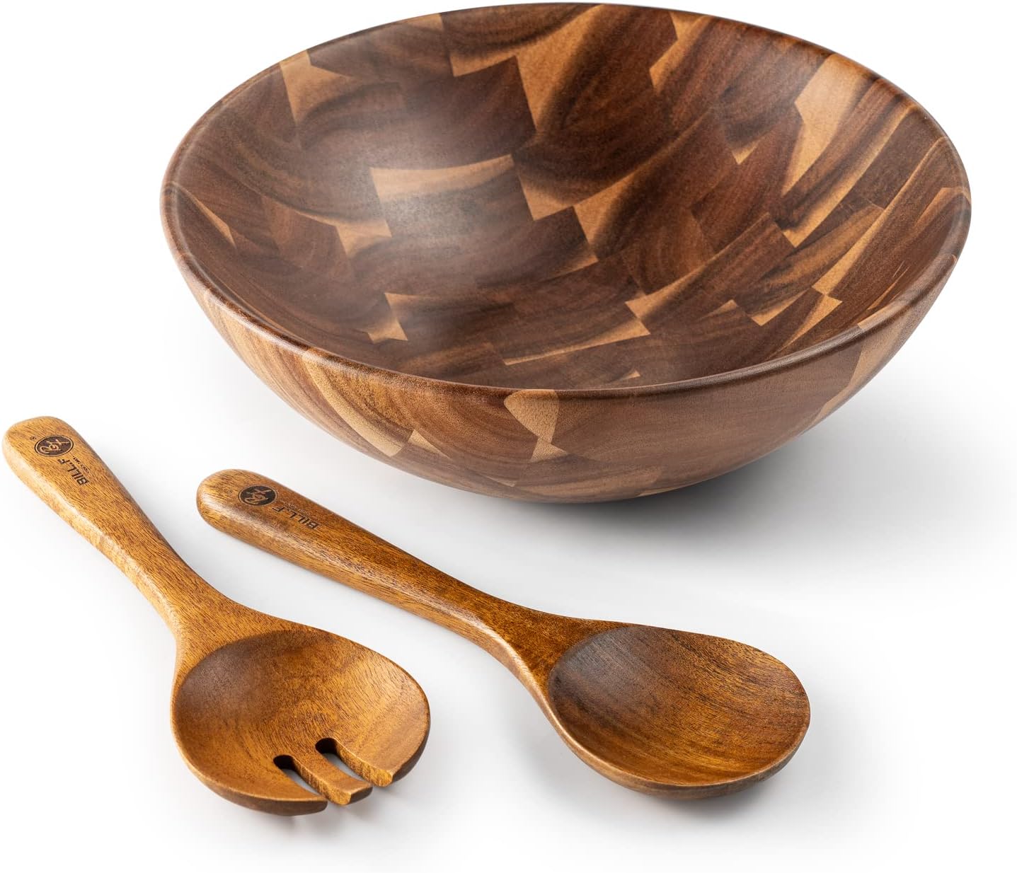 BILL.F Wooden Salad Bowl, 12'' Acacia Wood Salad Bowls Set Large Salad Mixing Bowl with Servers-3-Piece Big Salad Bowl Set