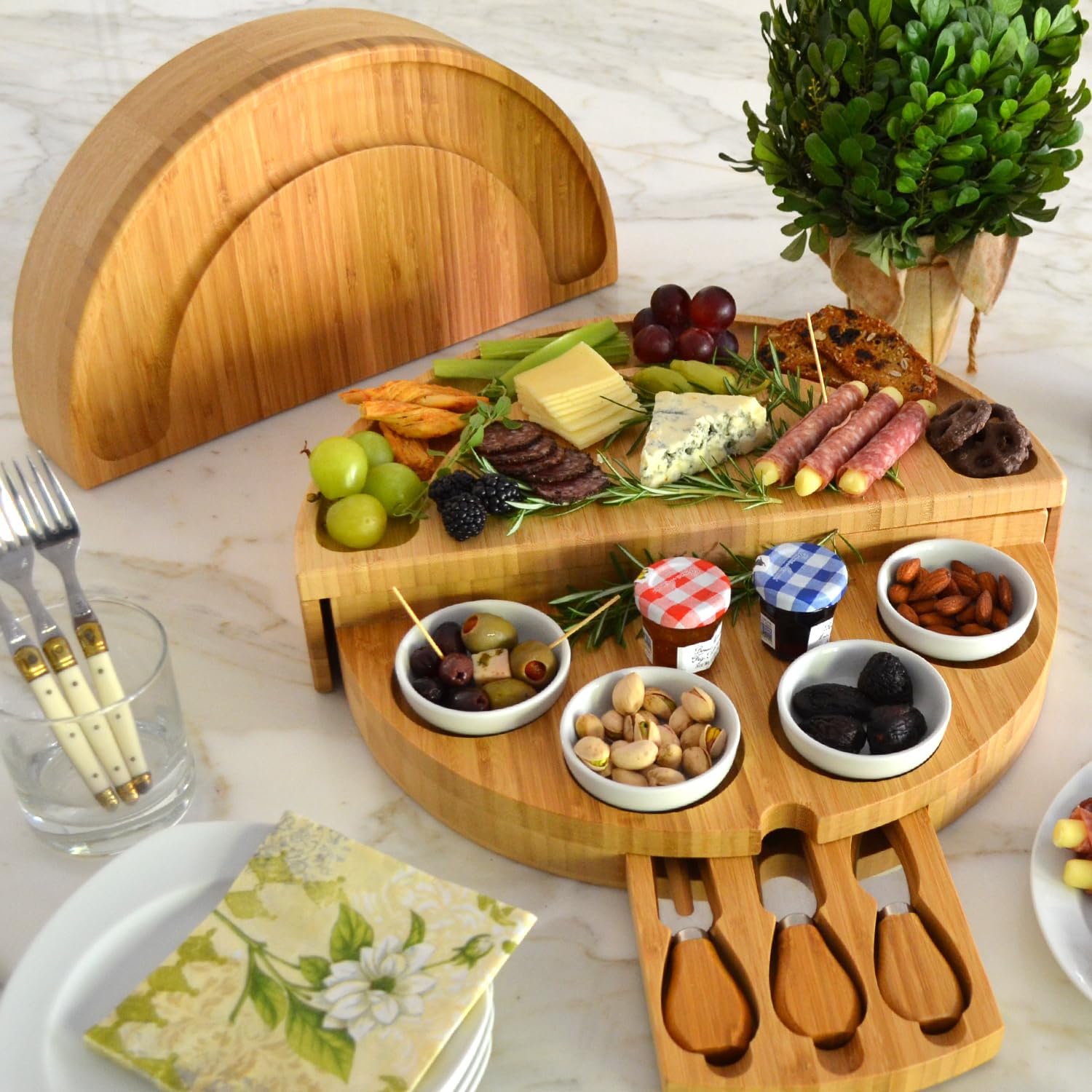 Picnic at Ascot Deluxe Bamboo Cheese/Charcuterie Board with Accessories & Cheese Markers - Innovative Patented Design - Quality Assured in the USA