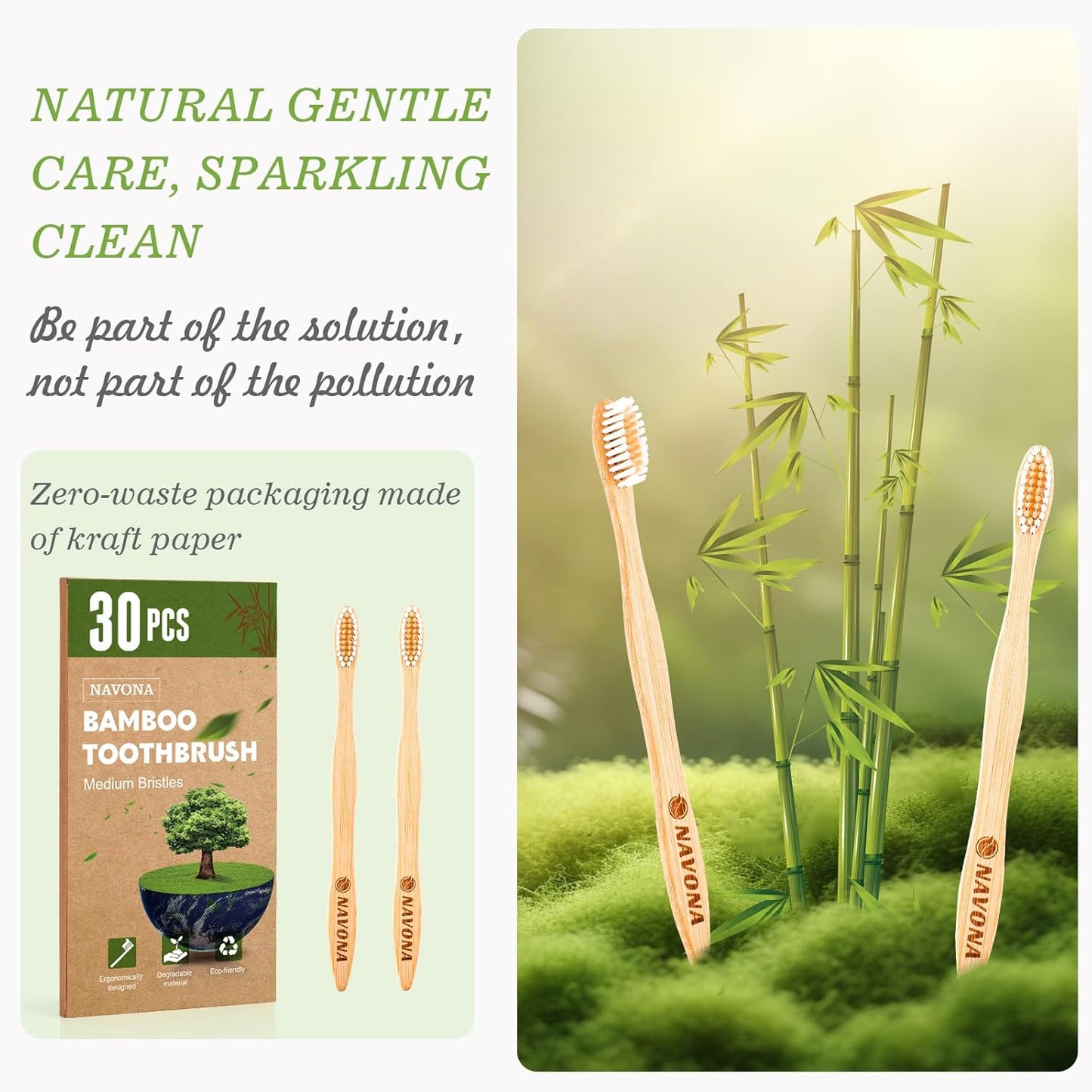 Navona 30 PCS Bamboo Toothbrushes Pack, BPA Free Medium Bristles Toothbrushes for Adults, Eco-Friendly Natural Wooden Toothbrush Bulk, Box of Two Reusable Travel Toothbrush