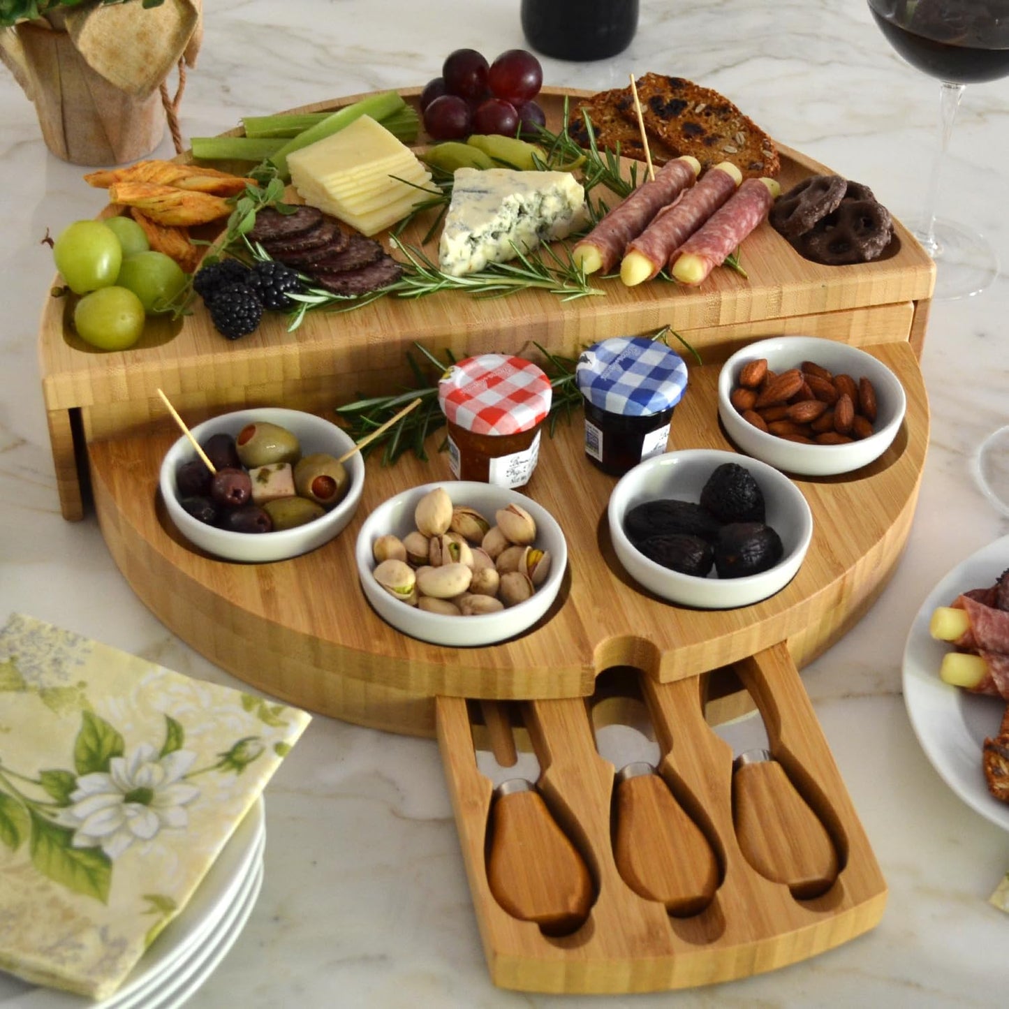 Picnic at Ascot Deluxe Bamboo Cheese/Charcuterie Board with Accessories & Cheese Markers - Innovative Patented Design - Quality Assured in the USA