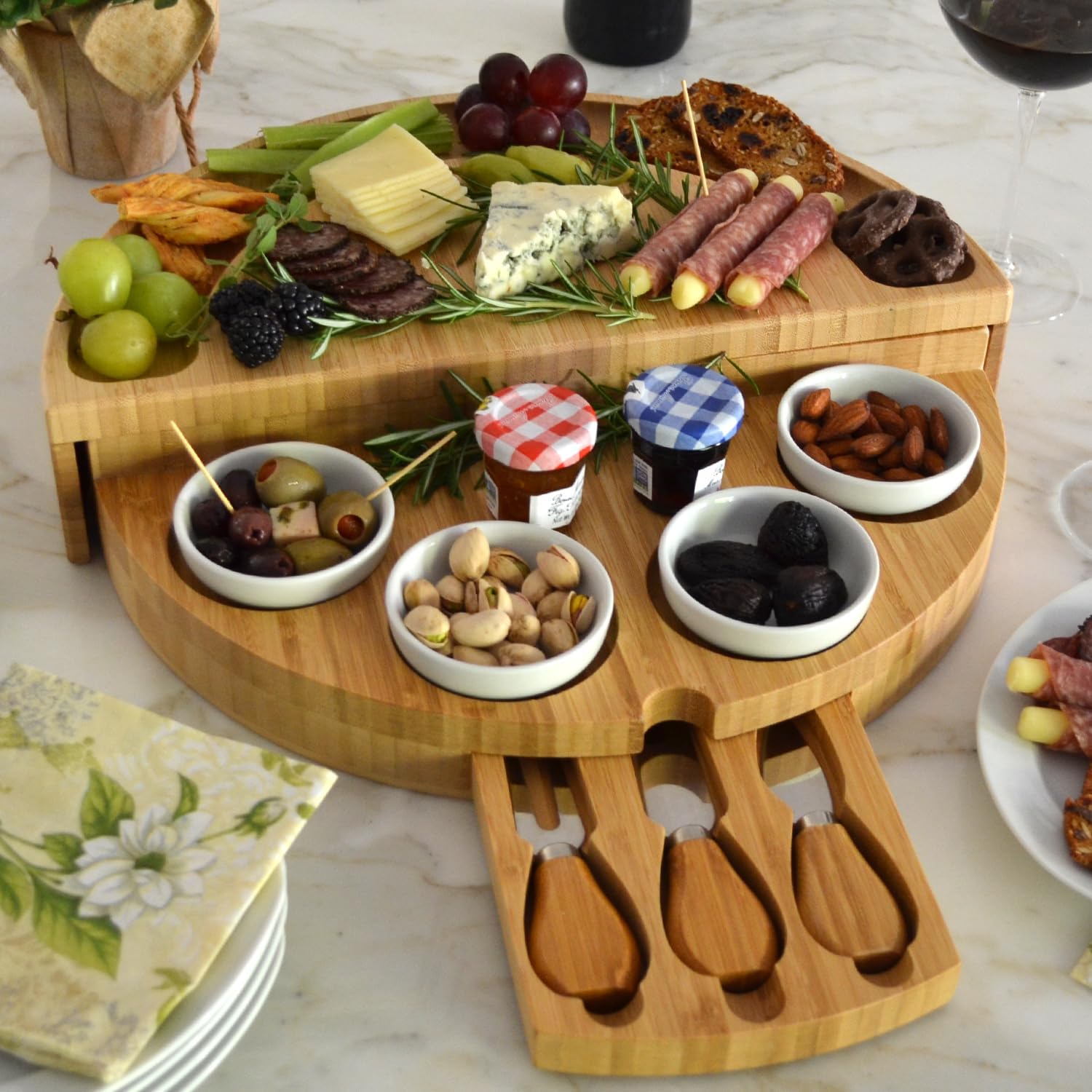 Picnic at Ascot Deluxe Bamboo Cheese/Charcuterie Board with Accessories & Cheese Markers - Innovative Patented Design - Quality Assured in the USA