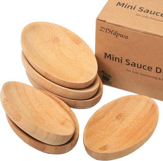 Mini Serving Dishes, Bamboo Small Appetizer Plates for Desserts/Charcuterie/Snacks, Dipping Sauce Bowls Set for Condiments/Spice/Tomato Sauce, Mini Sushi Plates, 1 Oz 6 Pcs