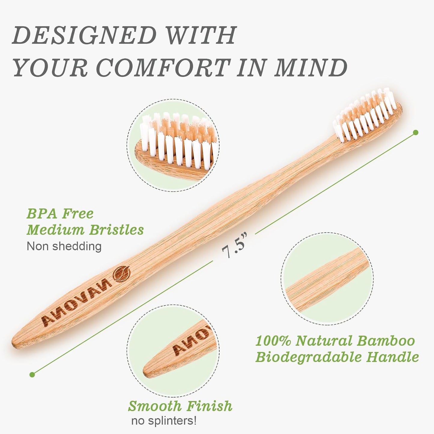 Navona 30 PCS Bamboo Toothbrushes Pack, BPA Free Medium Bristles Toothbrushes for Adults, Eco-Friendly Natural Wooden Toothbrush Bulk, Box of Two Reusable Travel Toothbrush