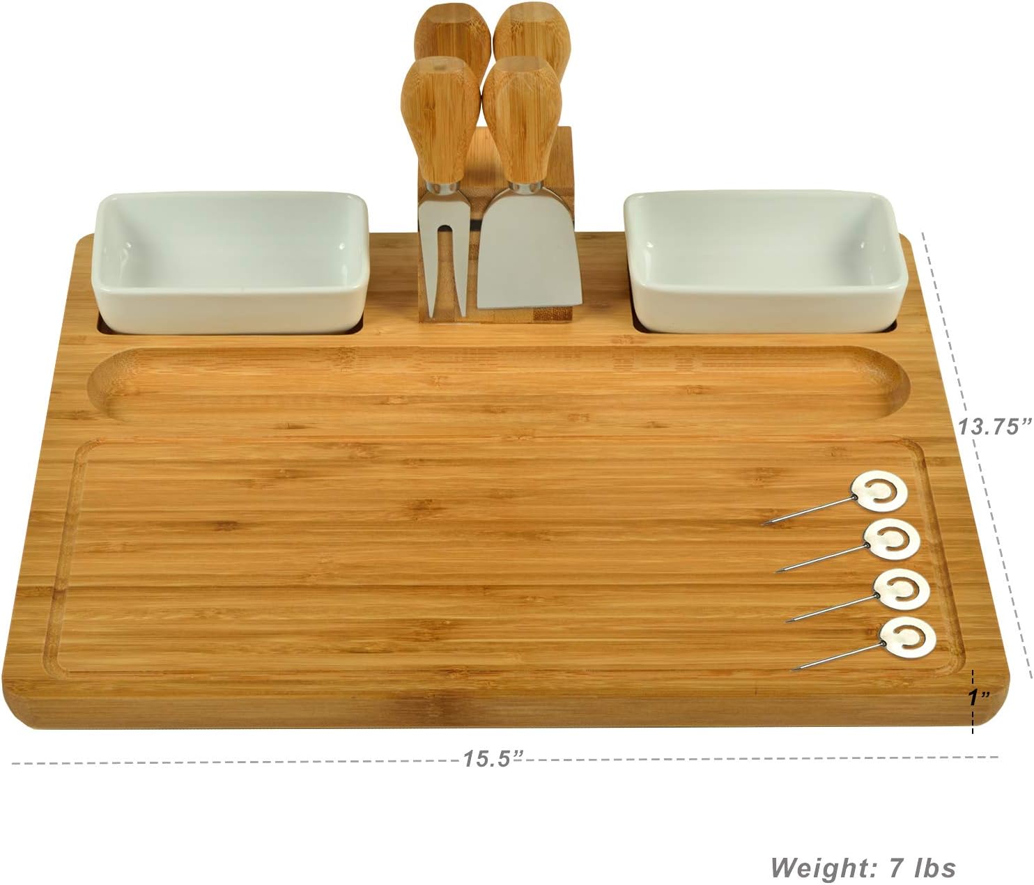 Picnic at Ascot Large Bamboo Cheese Board/Charcuterie Platter with 4 Stainless Steel Tools, 2 Ceramic Trays & Cheese Markers -16" X 13"- Designed & Quality Checked in USA