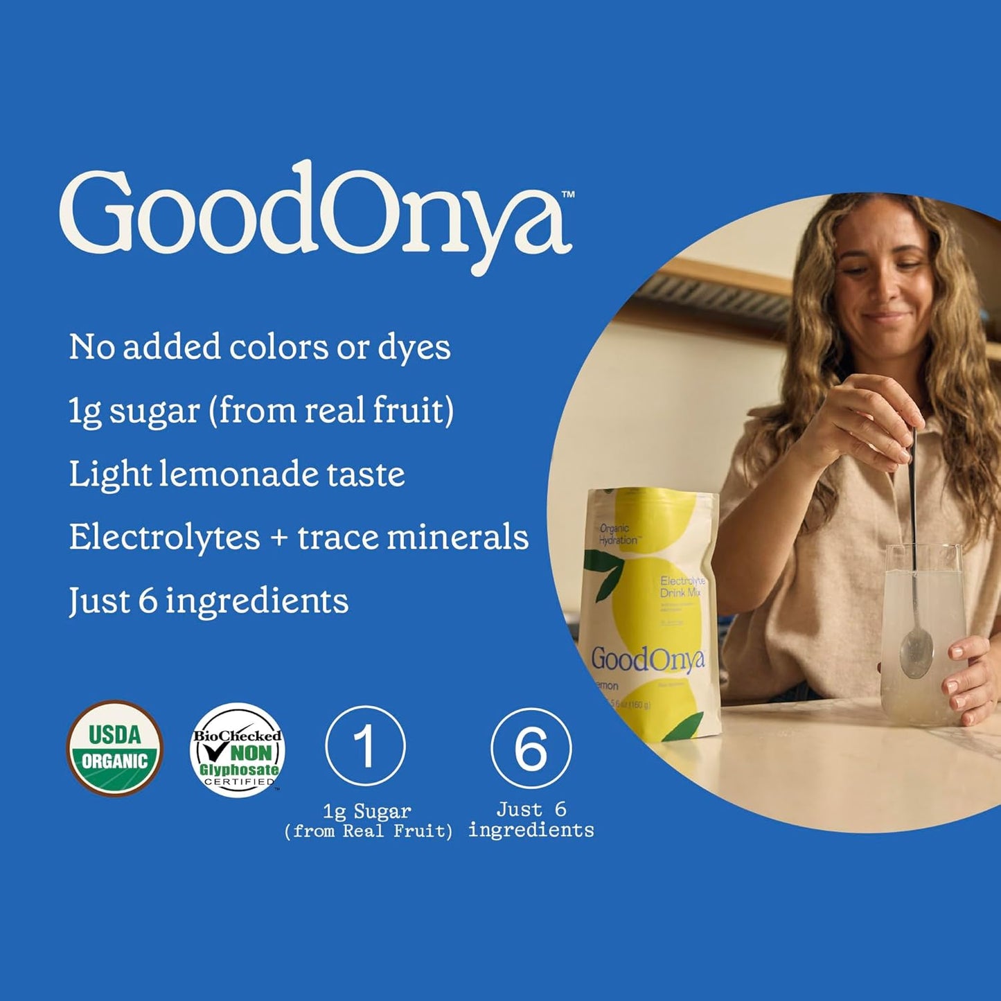 GOODONYA Organic Hydration Electrolyte Drink Mix, Certified Organic Hydration Powder, Non-Gmo, Biochecked Glyphosate Free, Low Sugar, Lemonade Flavor, No Artificial Flavors, 20 Servings