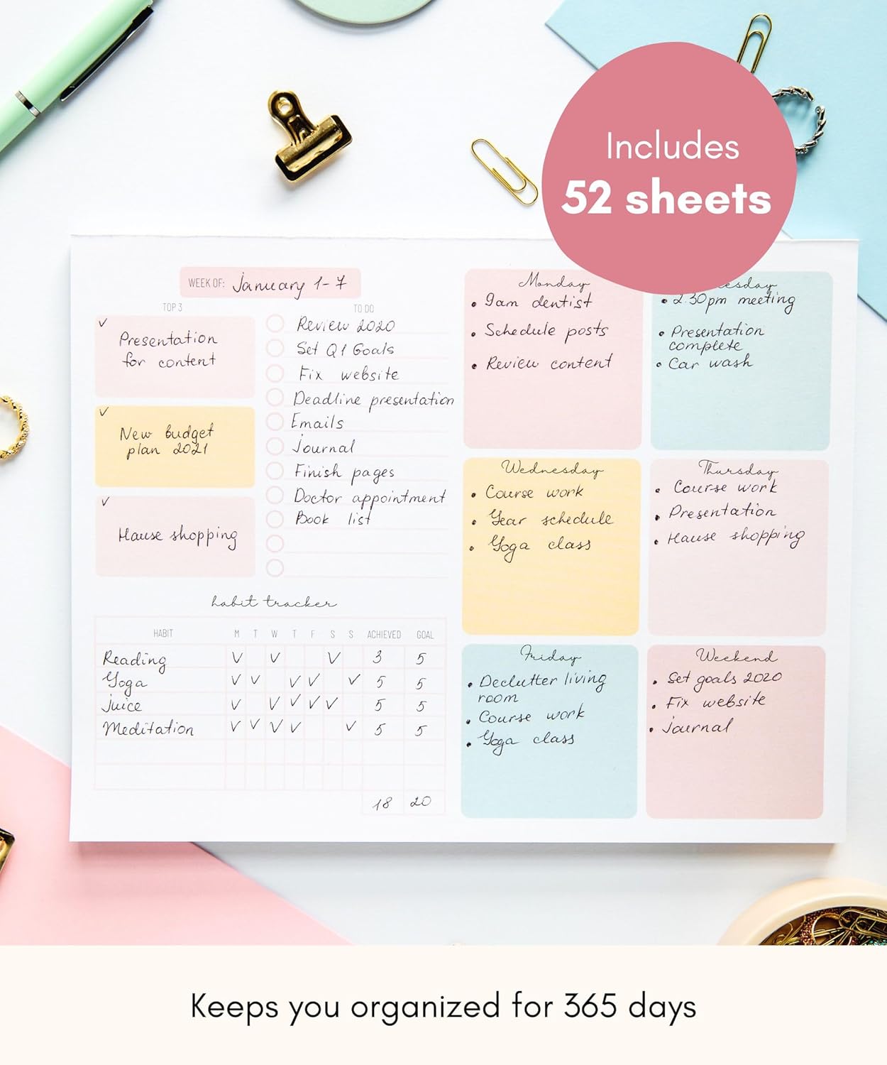 Weekly Planner Notepad Tear off – 52 Undated Weekly Sheets Daily to Do List Notepad, Habit Tracker, Academic Planner Notebook, Daily Work Planner- Full Year Productivity Planner Weekly to Do List Pad