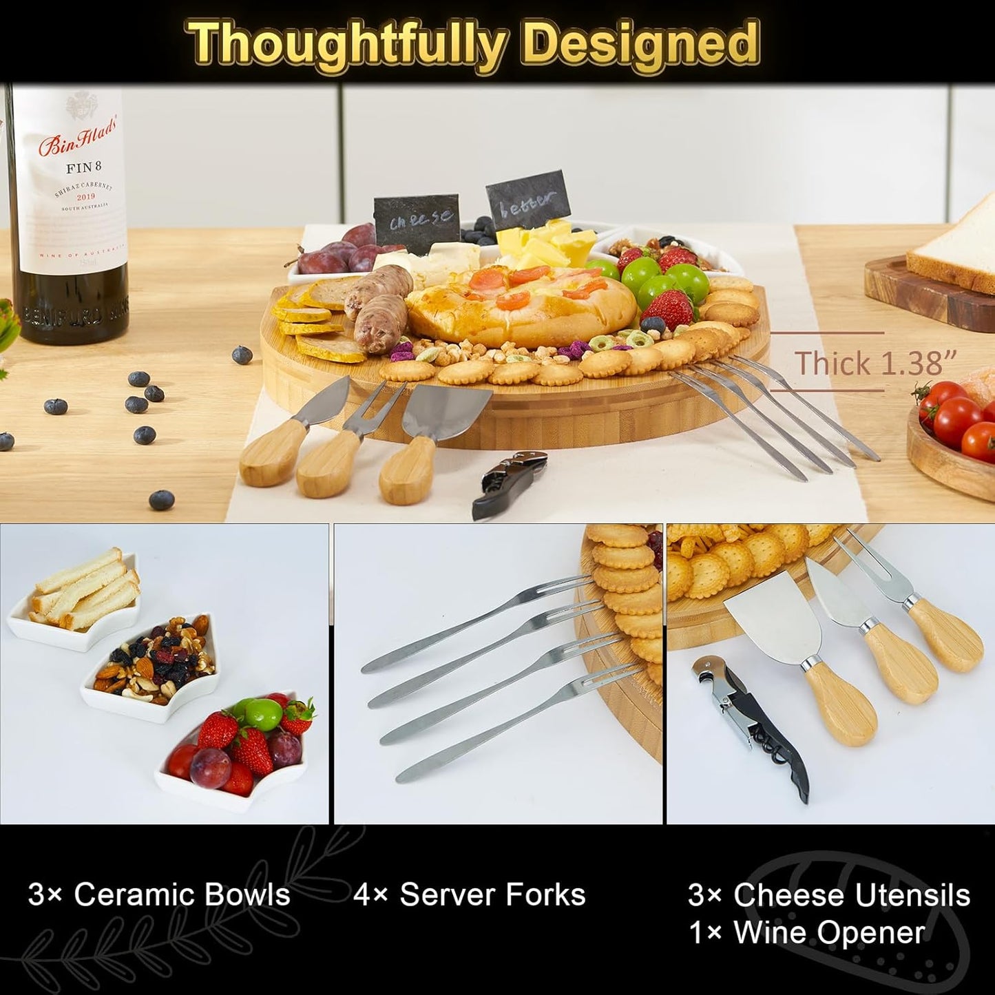 Charcuterie Boards, Bamboo Cheese Board Set with Knife Set & Bowls, Large Charcuterie Board, Oval Bamboo Cheese Boards Charcuterie Boards Gift Set for House Warming New Home Gifts