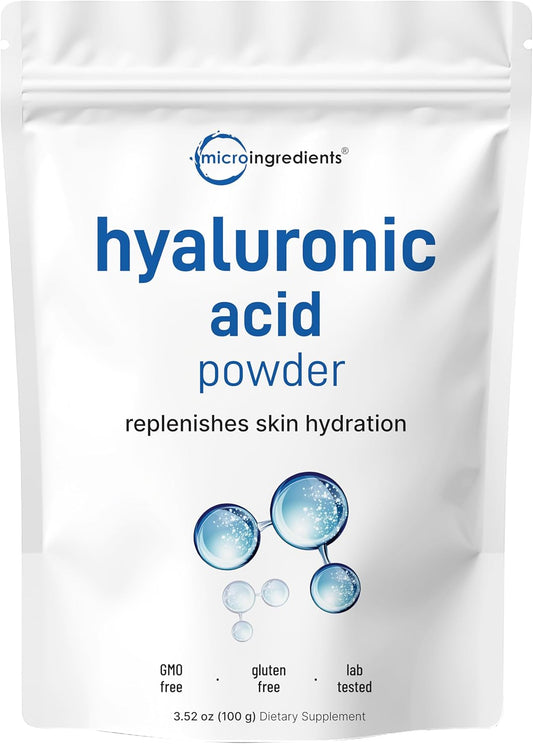 Micro Ingredients Hyaluronic Acid Serum Powder, 100 Grams | Low Molecular Weight, Cosmetics Grade | Skin Hydration and Moisture Support Supplements | Vegan, Water Soluble (Within 2 Hours)