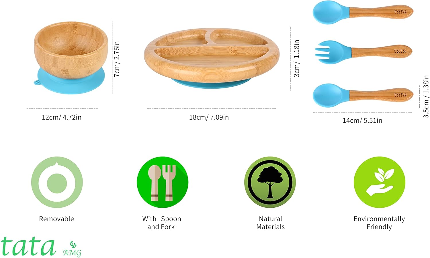 TATA AMG® Bamboo Suction Plate & Bowl with Fork and 2 Spoons | Divided Wooden Feeding Dish for Toddlers | Bpa-Free Baby Led Weaning (BLW) Utensil Set