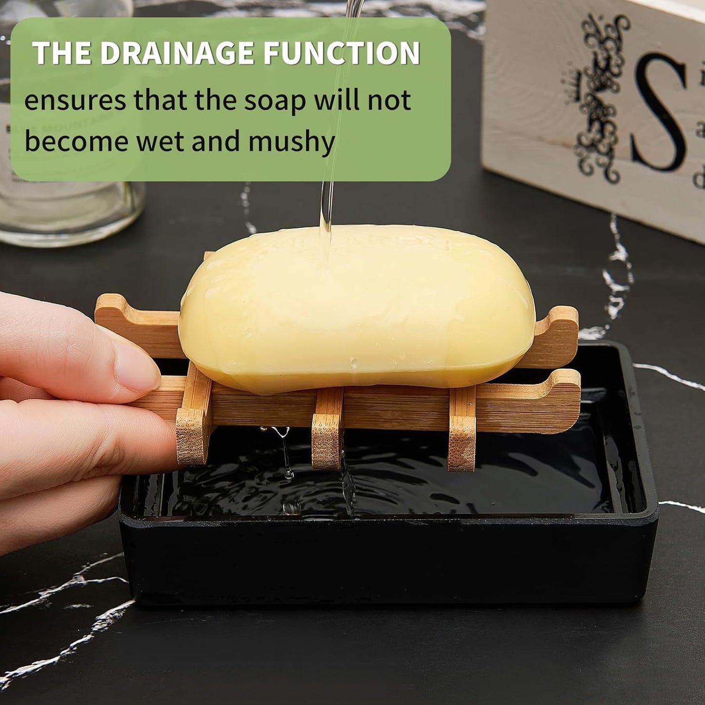 Bamboo Soap Dishes for Shower with Drainage Wooden Soap Bar Holder for Bathroom Soap Tray Easy to Clean, Durable and with Non-Slip Pads(Single Black Square)