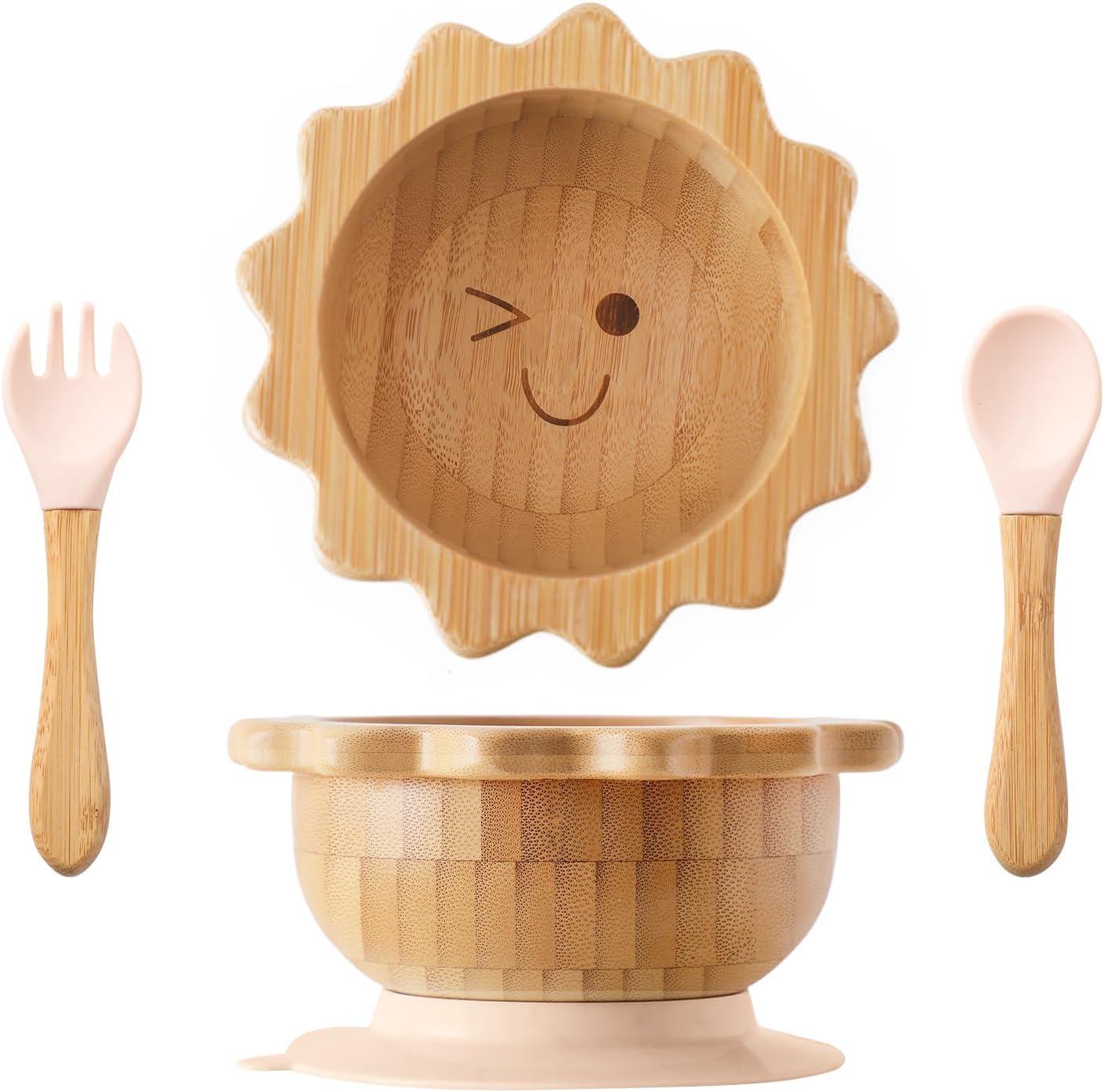 Bamboo Suction Plates Bowls Set for Baby Toddler Divided Platter Food Bowl with Silicone Fork & Spoon All-Natural Baby Feeding Set for Baby-Led Weaning, Non-Slip Design