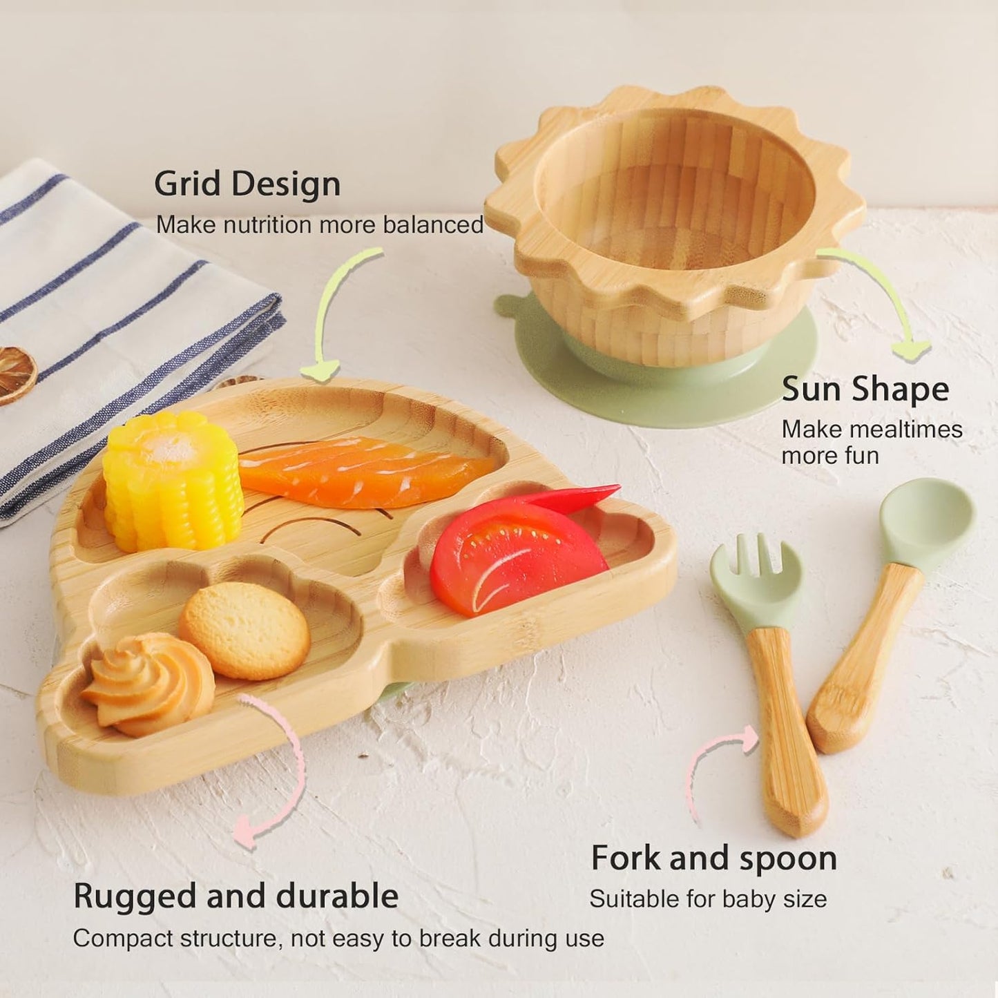 Bamboo Suction Plates Bowls Set for Baby Toddler Divided Platter Food Bowl with Silicone Fork & Spoon All-Natural Baby Feeding Set for Baby-Led Weaning, Non-Slip Design