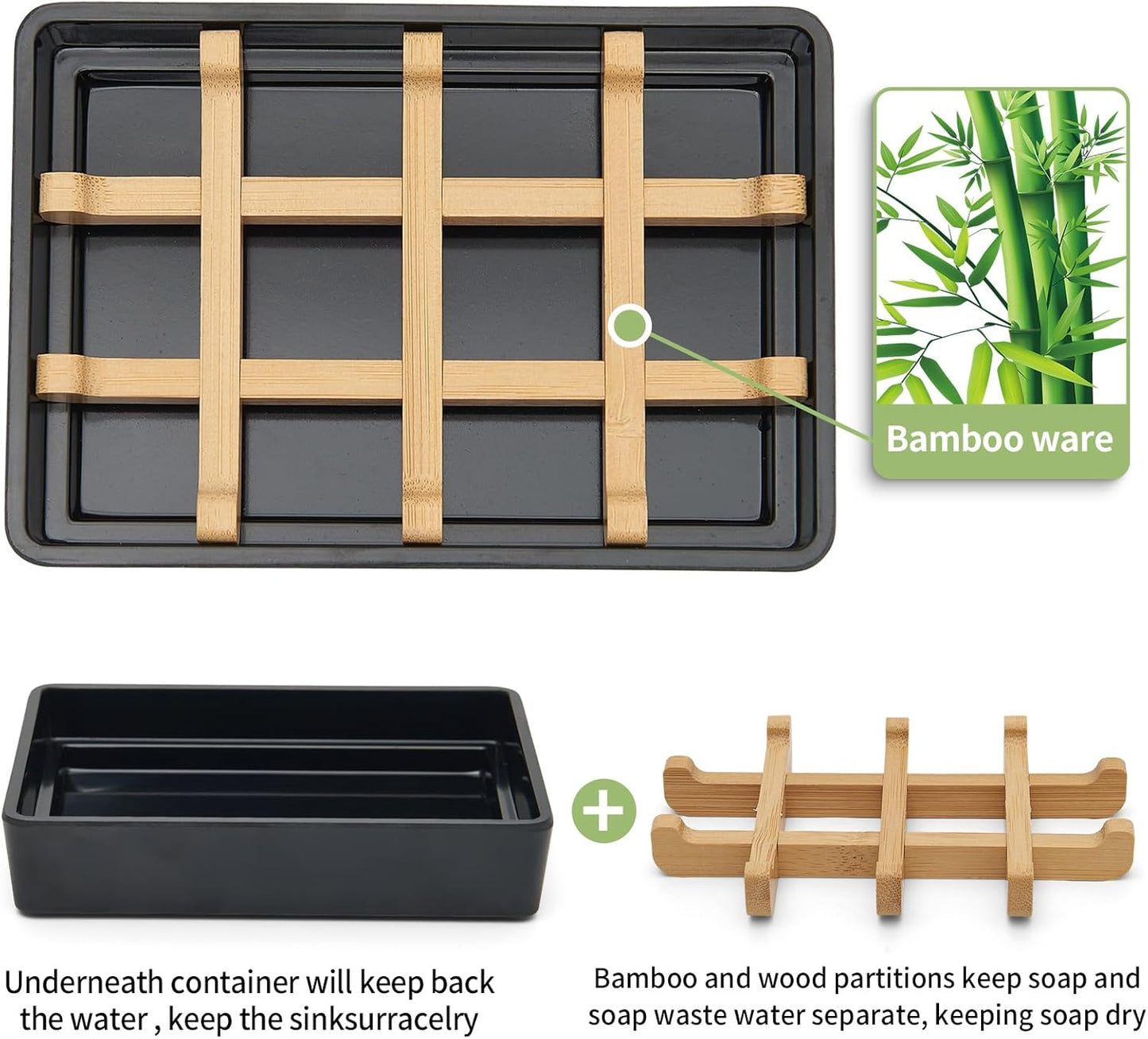 Bamboo Soap Dishes for Shower with Drainage Wooden Soap Bar Holder for Bathroom Soap Tray Easy to Clean, Durable and with Non-Slip Pads(Single Black Square)