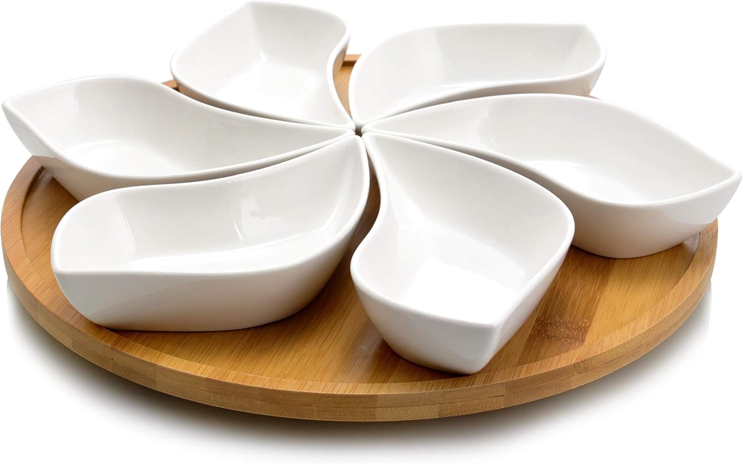 Elama Ceramic Stoneware Condiment Appetizer Set, 6 Piece, Compartment round in White and Natural Bamboo