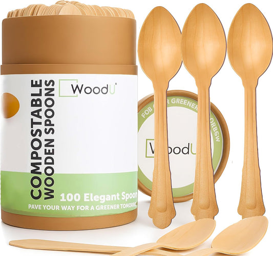 Disposable Wooden Spoons 7.75" - Serving Spoon for Eating - Cutlery Set Alternative to Plastic Spoons - Pack of 100