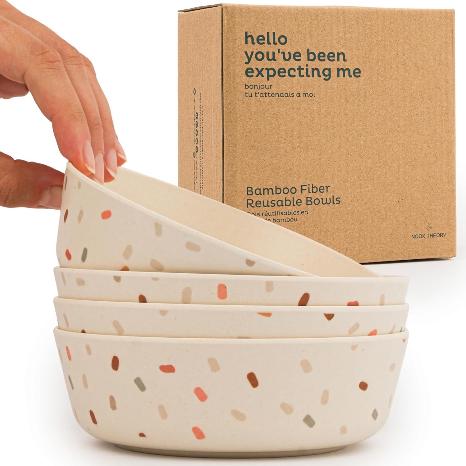 Nook Theory 4 Pack Bamboo Bowls - 18 Oz Reusable Toddler and Kids Bowl, Dishwasher Safe - Not Microwavable Bamboo Dishes (Celebration)