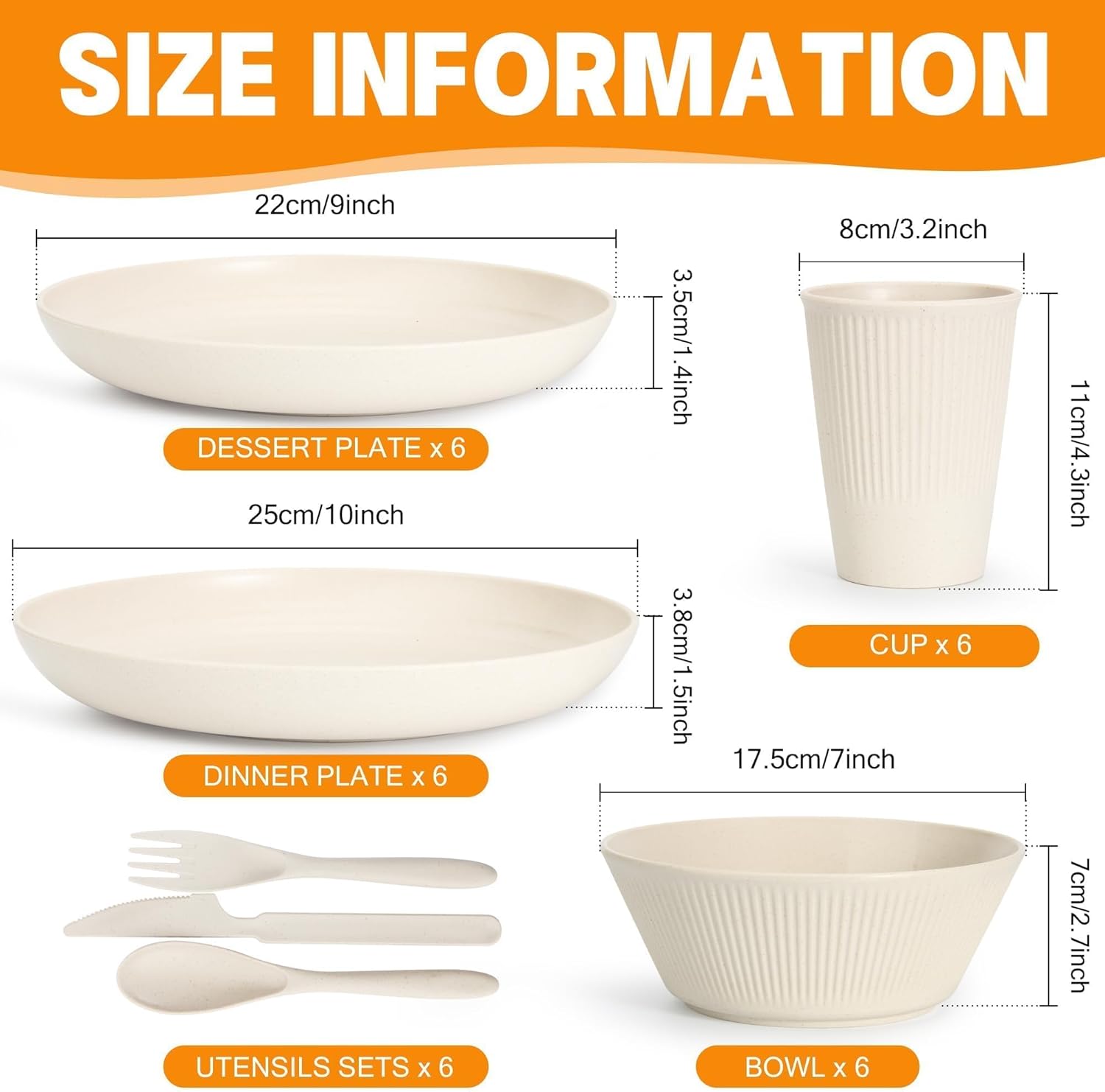 OAMCEG Wheat Straw Dinnerware Sets 42 Pcs, Plastic Wheatstraw Plates and Bowls Sets Kitchen Set for 6, Unbreakable Dishwasher Microwave Safe Dinnerware Dish, Kitchen Outdoor Camping Dishes, White