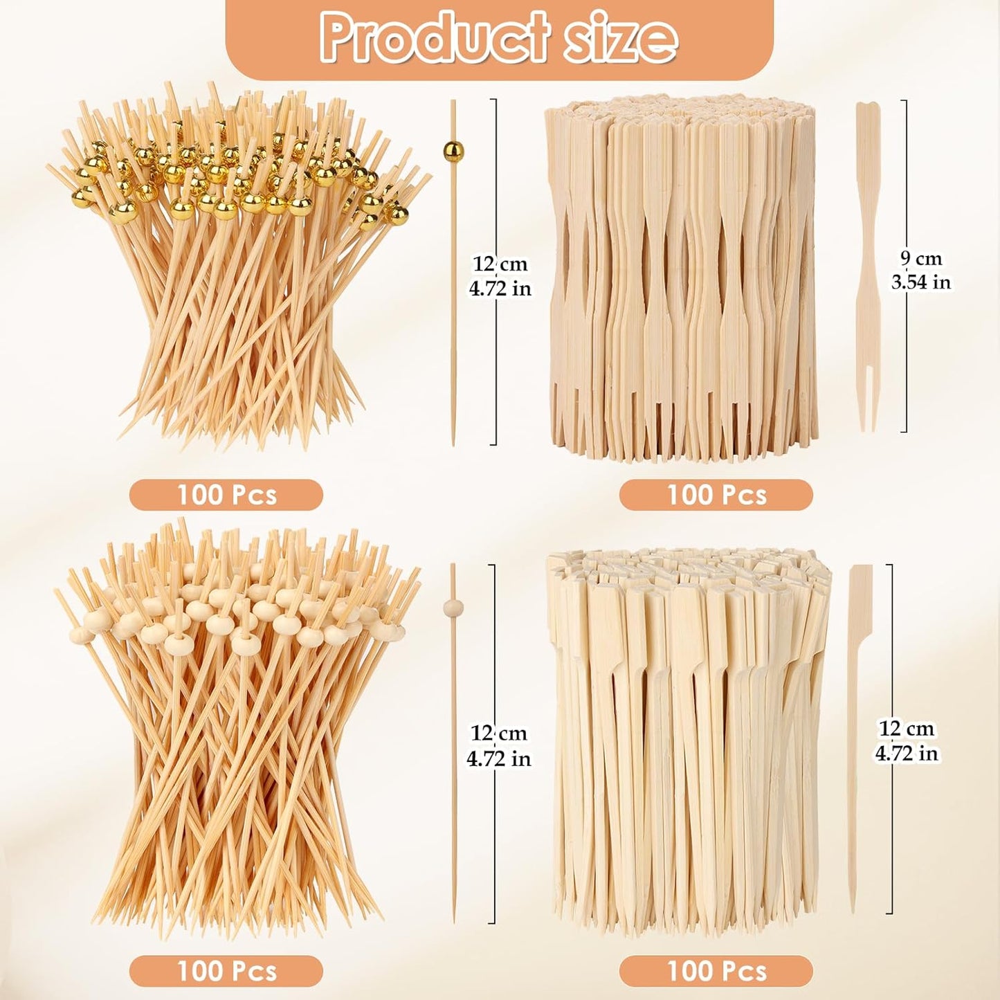 400PCS Cocktail Picks, Sublaga 4.7" Eco-Friendly Natural Bamboo Ball Food Picks, Fancy Toothpicks for Appetizers, Drinks Party Fruit, Bamboo Gold Ball Food Sticks Charcuterie Boards Accessories