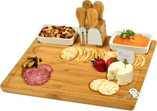 Picnic at Ascot Large Bamboo Cheese Board/Charcuterie Platter with 4 Stainless Steel Tools, 2 Ceramic Trays & Cheese Markers -16" X 13"- Designed & Quality Checked in USA