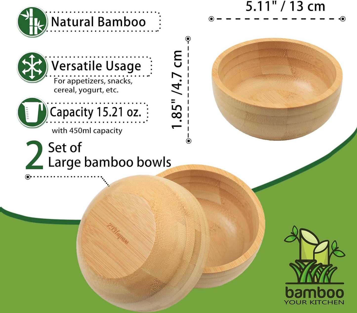Soup Bowls Set of 2 for Dessert/Cereal/Pasta/Fruit | Natural Bamboo Serving Bowls for Nuts/Candy/Snacks/Pistachio | Charcuterie Accessories for Dipping/Condiments/Sauce | 15.21 Oz Capacity