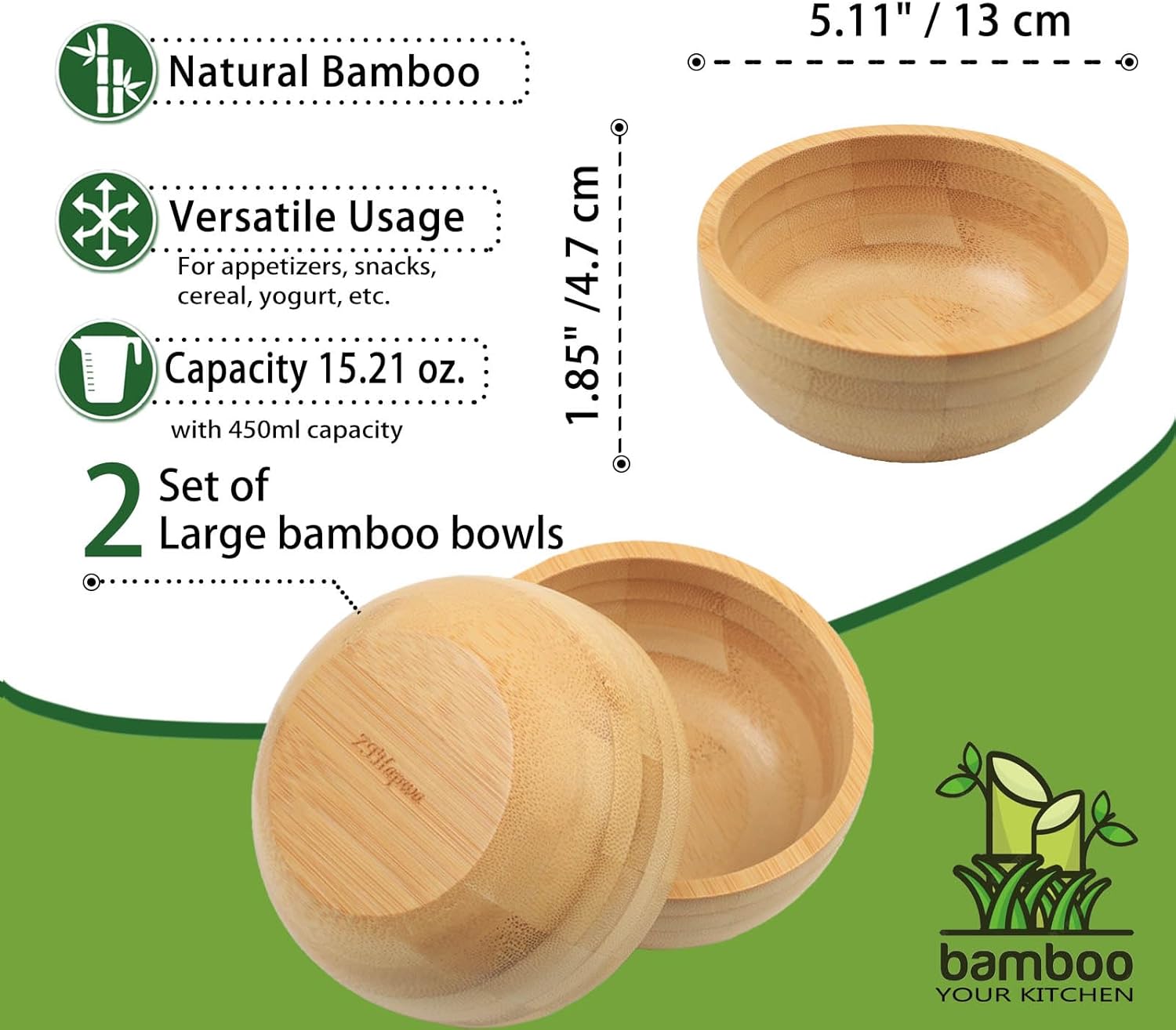 Soup Bowls Set of 2 for Dessert/Cereal/Pasta/Fruit | Natural Bamboo Serving Bowls for Nuts/Candy/Snacks/Pistachio | Charcuterie Accessories for Dipping/Condiments/Sauce | 15.21 Oz Capacity