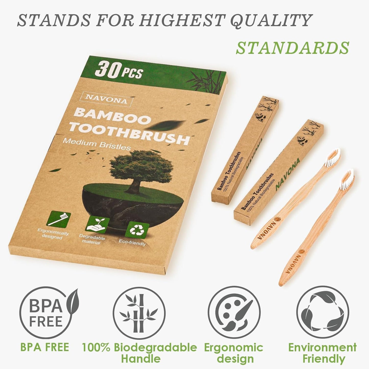 Navona 30 PCS Bamboo Toothbrushes Pack, BPA Free Medium Bristles Toothbrushes for Adults, Eco-Friendly Natural Wooden Toothbrush Bulk, Box of Two Reusable Travel Toothbrush