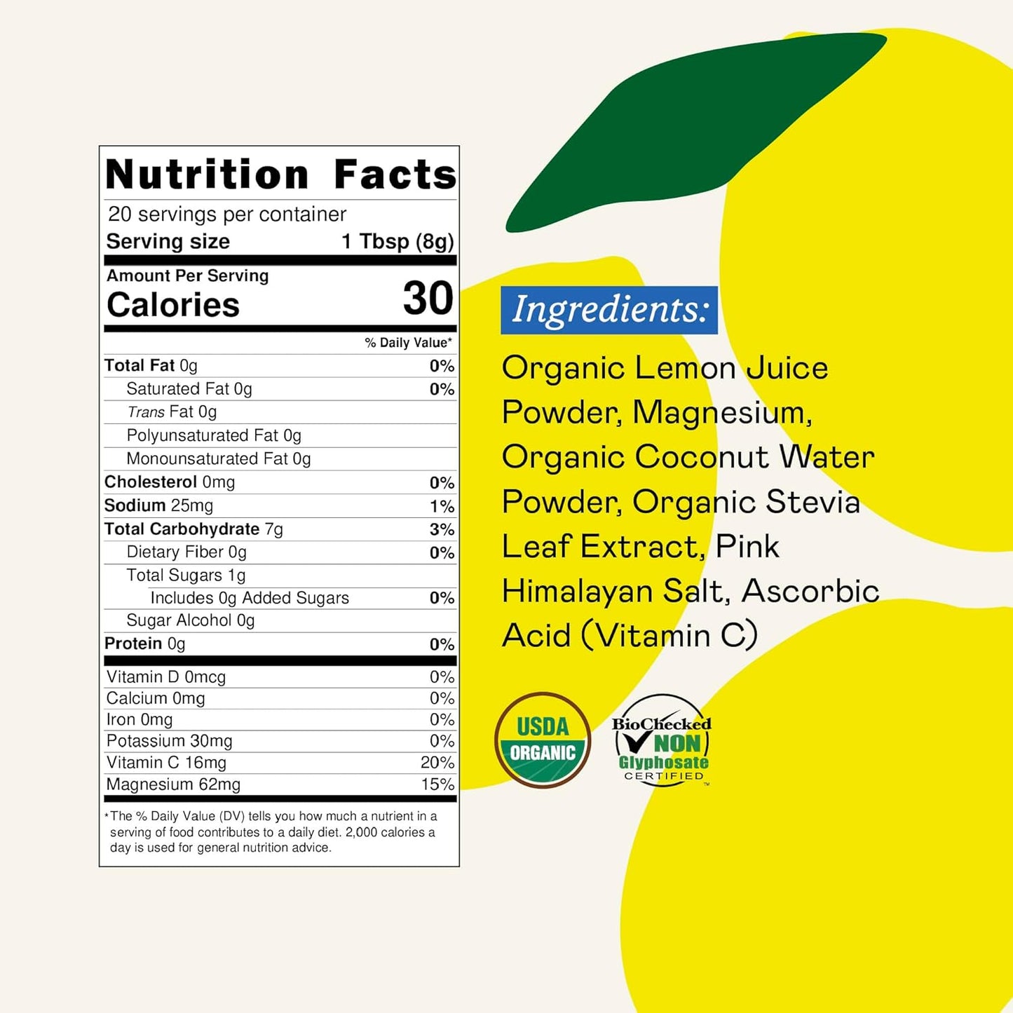 GOODONYA Organic Hydration Electrolyte Drink Mix, Certified Organic Hydration Powder, Non-Gmo, Biochecked Glyphosate Free, Low Sugar, Lemonade Flavor, No Artificial Flavors, 20 Servings