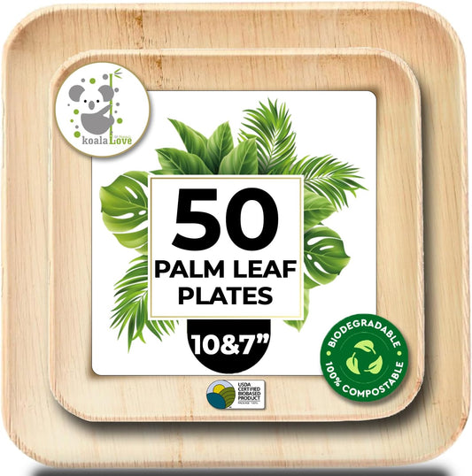Palm Leaf Plate Bamboo Paper Plates Disposable 10 Inch & 7 Inch Bulk Party Pack Eco Compostable Biodegradable Wooden Plate Best Alternative to Plastic Paper Plates (50 Pc)