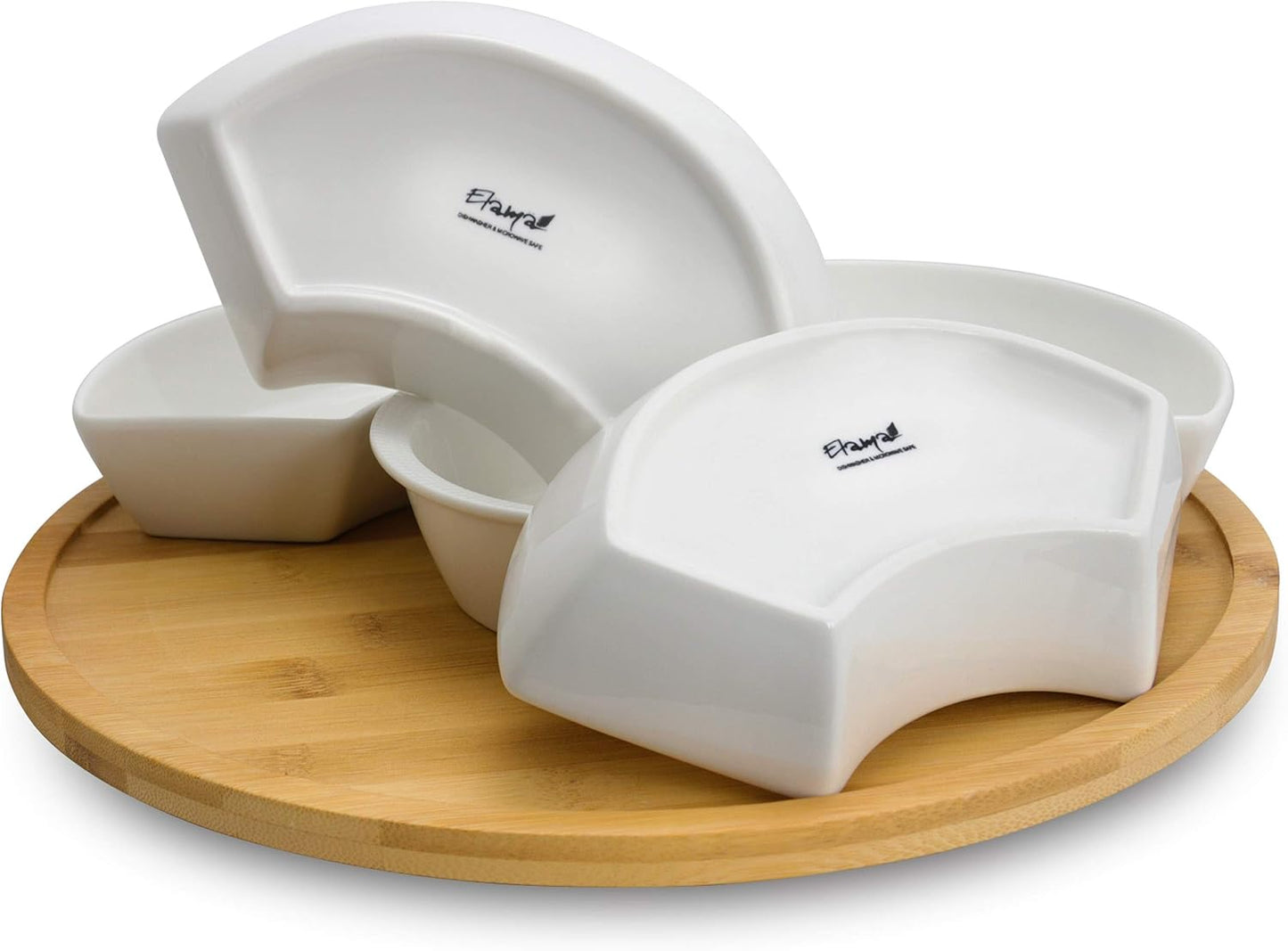 Elama Ceramic Stoneware Condiment Appetizer Set, 6 Piece, Compartment round in White and Natural Bamboo