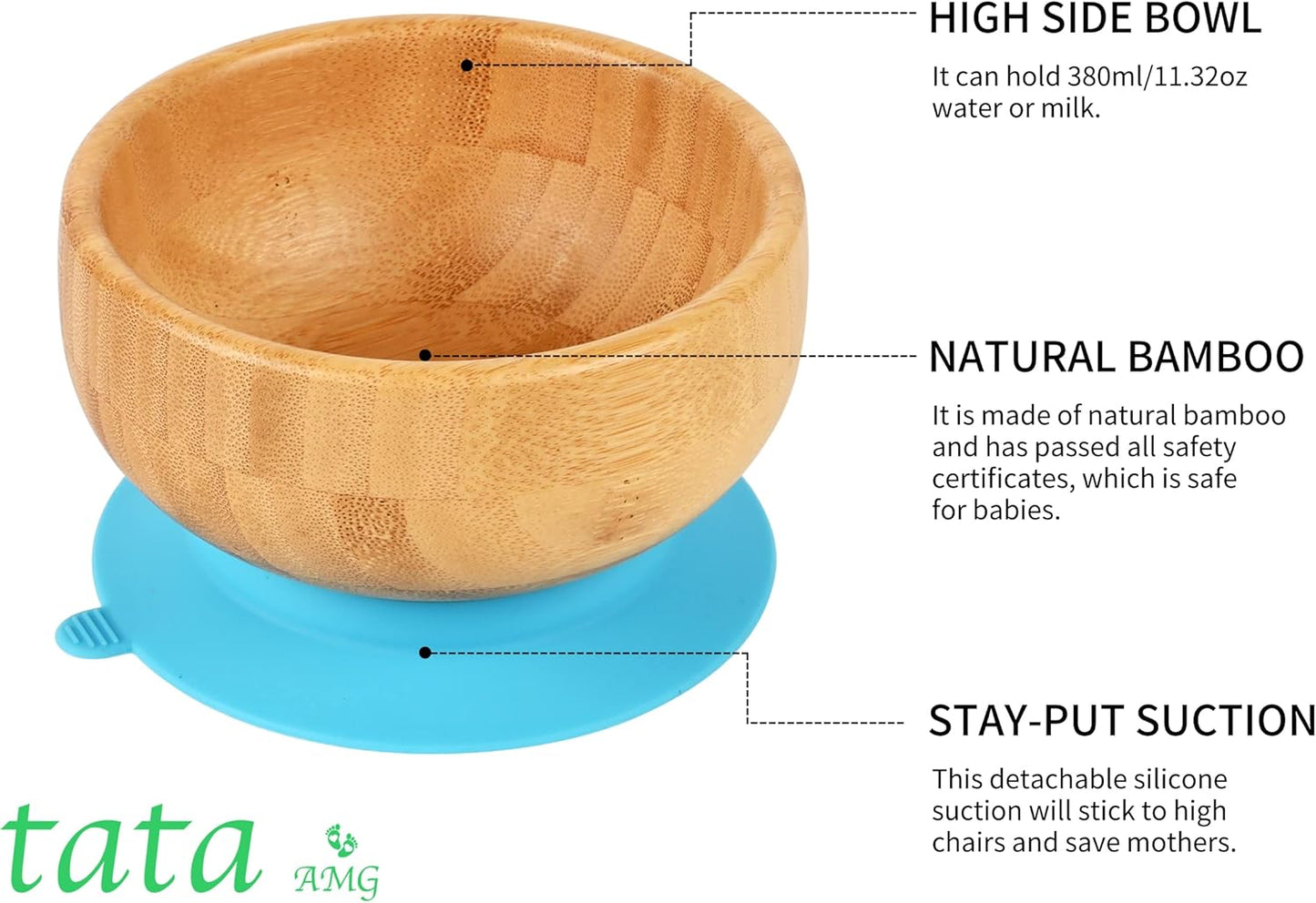 TATA AMG® Bamboo Suction Plate & Bowl with Fork and 2 Spoons | Divided Wooden Feeding Dish for Toddlers | Bpa-Free Baby Led Weaning (BLW) Utensil Set