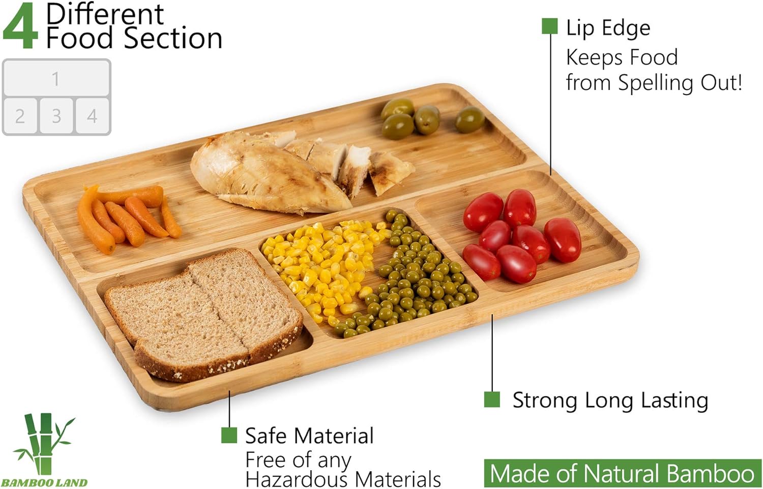 BAMBOO LAND - Bamboo 4-Section Divided Plate, Portion Control for Weight Loss Adults