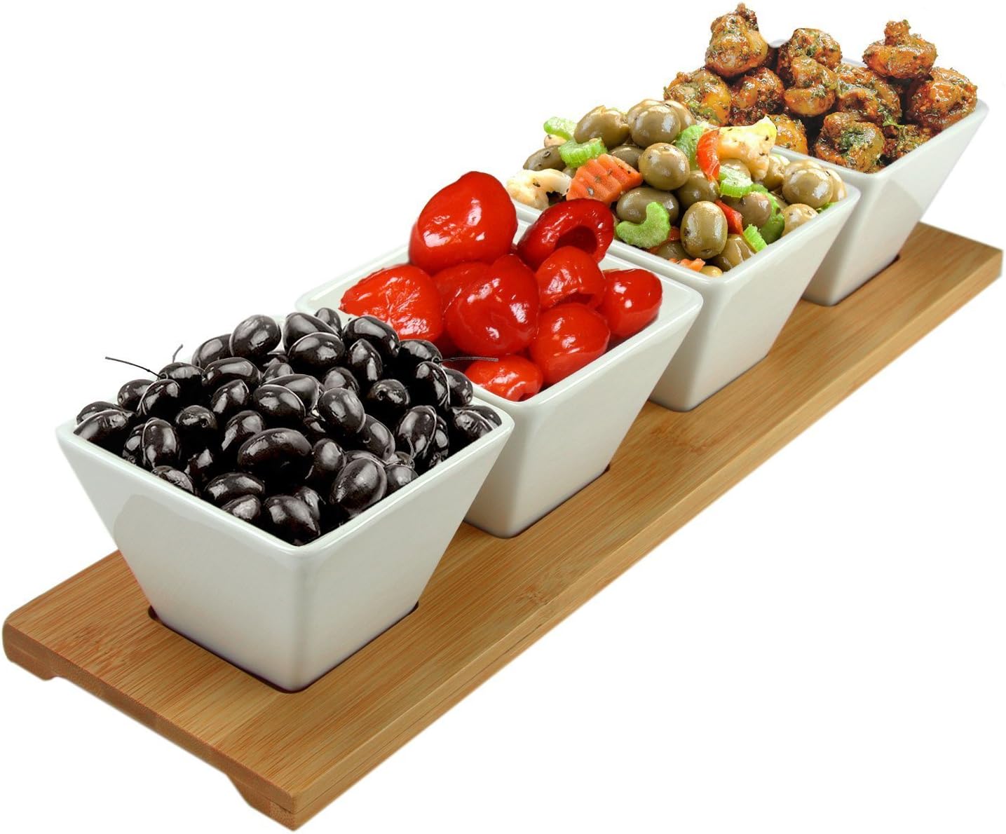 Elama Ceramic Stoneware Condiment Appetizer Set, 6 Piece, Compartment round in White and Natural Bamboo