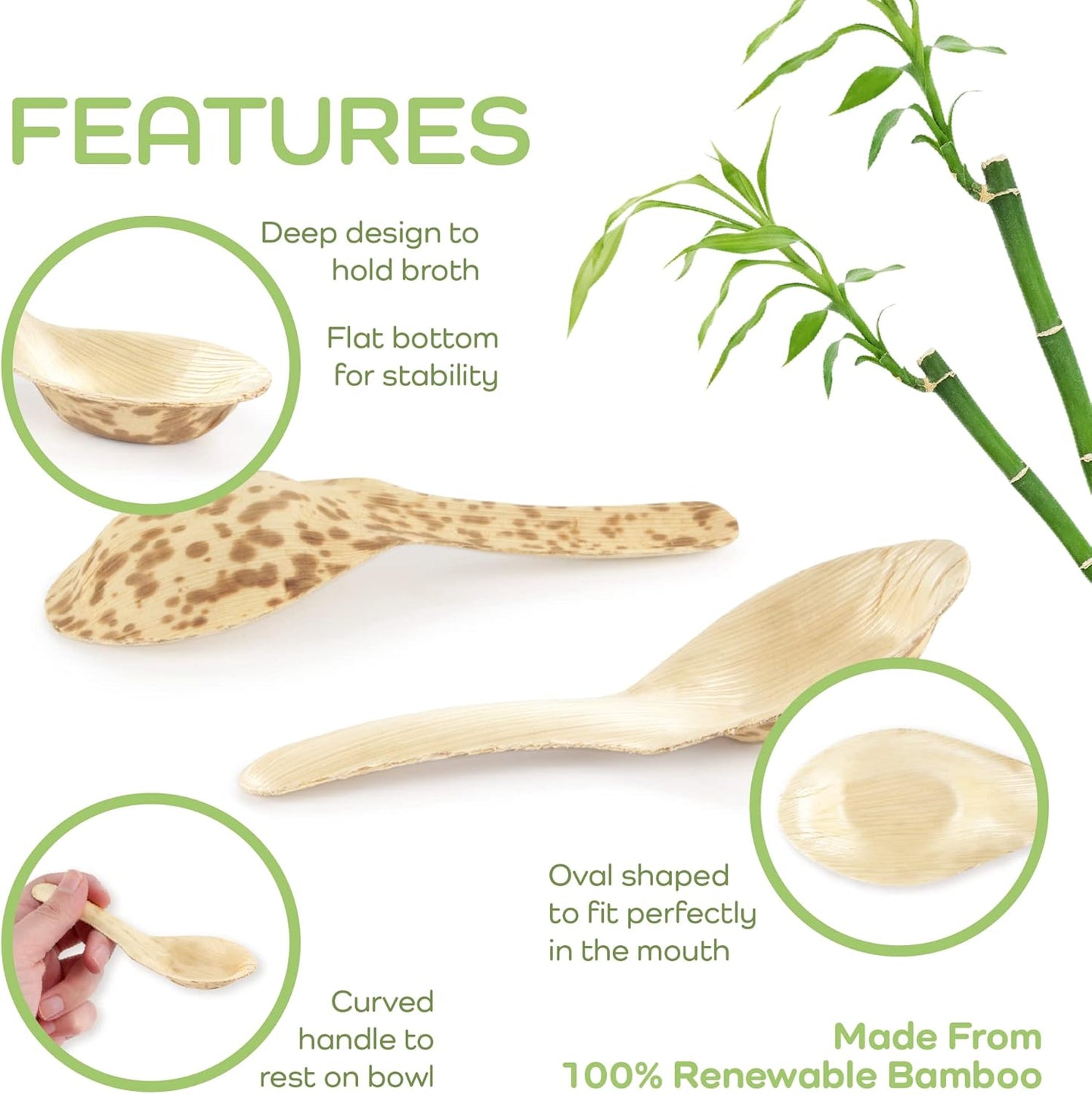BambooMN 5.1" Premium Bamboo Leaf Chinese Soup Spoons, All Natural Disposable Compostable for Catering and Home Use, 100 Pieces