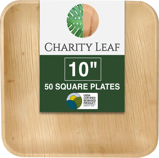 Compostable 10" Square Palm Leaf Dinner Plates (50-Pack) | Premium, 100% Natural, Disposable, Heavy Duty | Perfect for Parties, Weddings & Catering Events