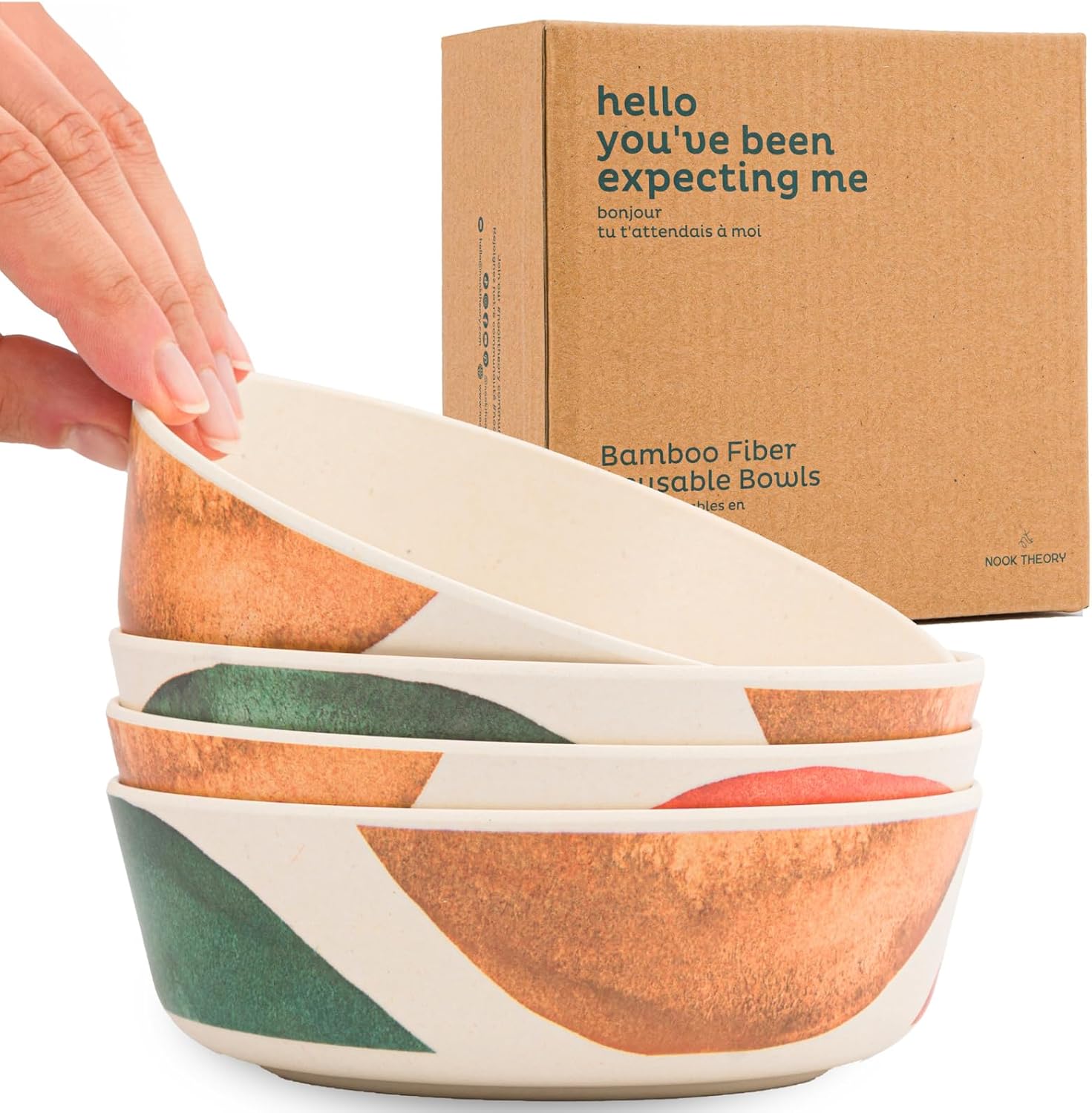 Nook Theory 4 Pack Bamboo Bowls - 18 Oz Reusable Toddler and Kids Bowl, Dishwasher Safe - Not Microwavable Bamboo Dishes (Celebration)