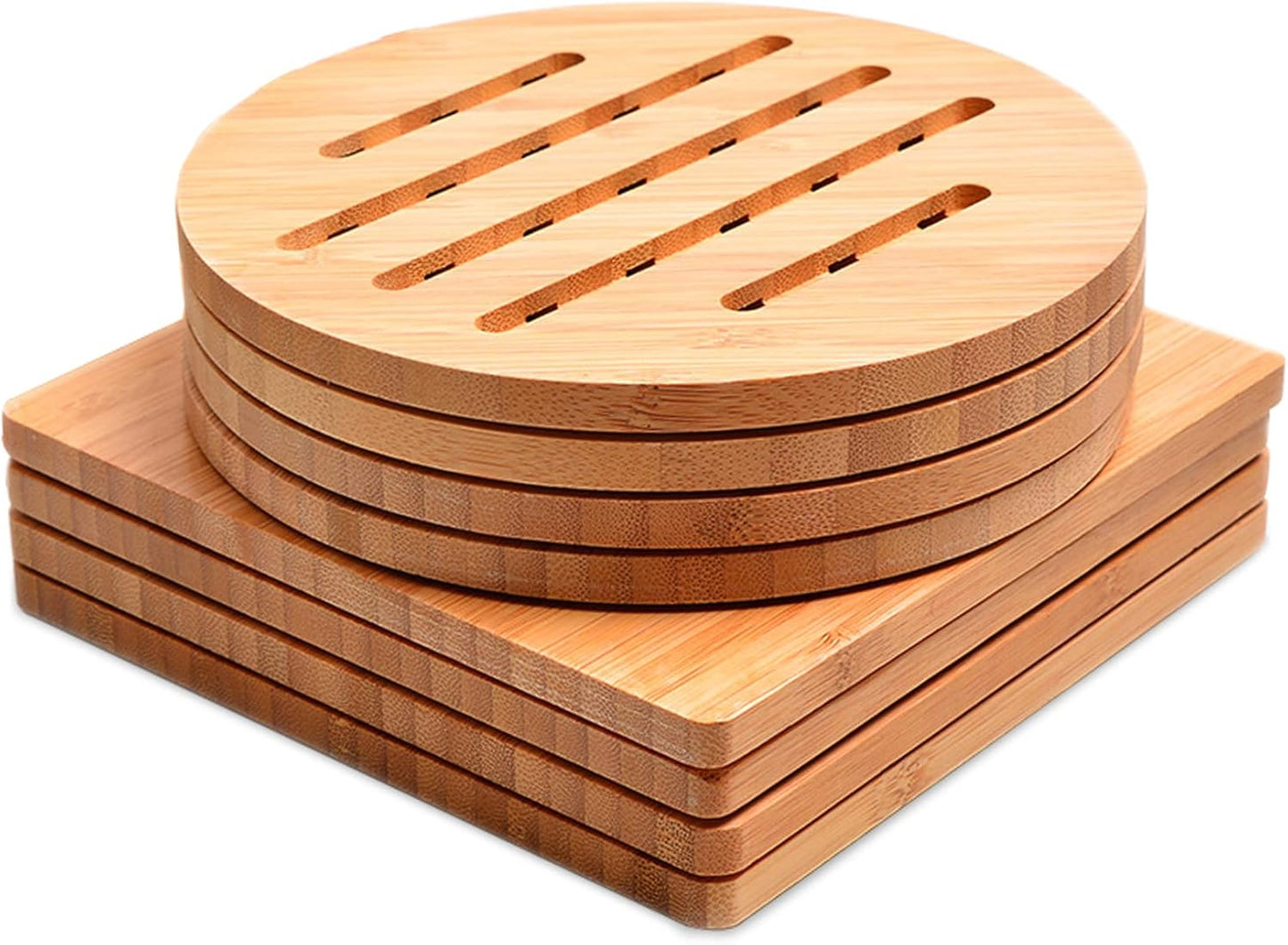Bamboo Trivet Kitchen Bamboo Hot Pads Trivet Natural Bamboo Trivet Mat Set for Hot Dishes/Pot/Bowl/Teapot/Hot Pot Holders 2 Square 2 Roundness 1 Storage Rack