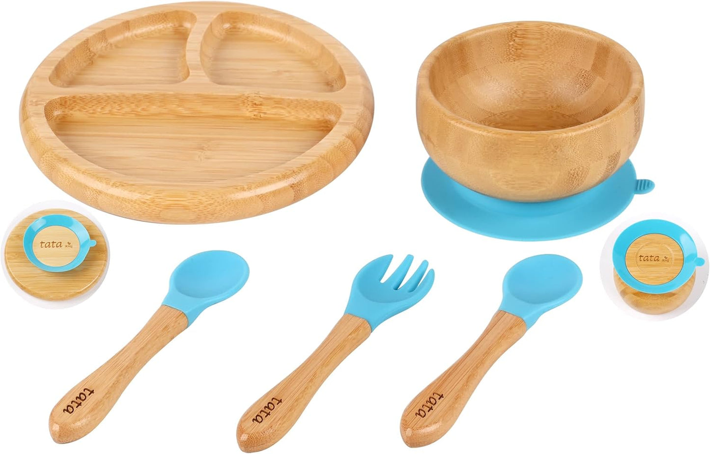 TATA AMG® Bamboo Suction Plate & Bowl with Fork and 2 Spoons | Divided Wooden Feeding Dish for Toddlers | Bpa-Free Baby Led Weaning (BLW) Utensil Set