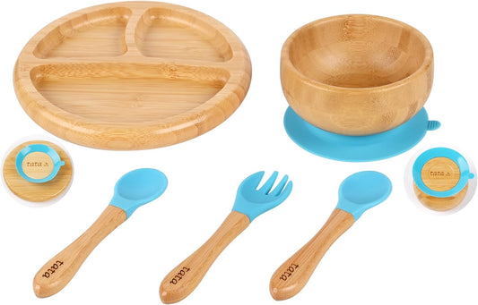 TATA AMG® Bamboo Suction Plate & Bowl with Fork and 2 Spoons | Divided Wooden Feeding Dish for Toddlers | Bpa-Free Baby Led Weaning (BLW) Utensil Set