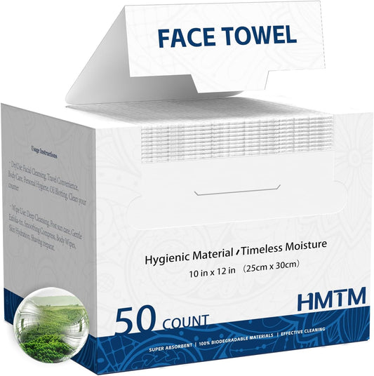 Face Towels, 10” X 12”, Extra Thick Soft and Absorbent, Face Towelettes Disposable Biodegradable for Sensitive Skin, Disposable Face Towels for Makeup Remover, Cleansing, 50 Count(1 Pack)