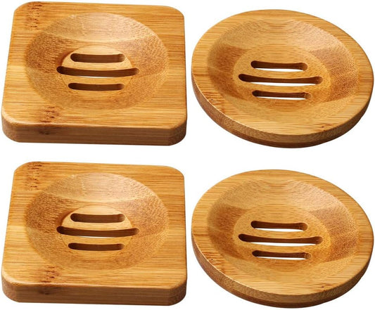 SUMAJU 4 Pcs Wooden Soap Holders Bathroom Soap Dish Natural Bamboo Soap Holder Square & Round Soap Dishes for Home Bathroom