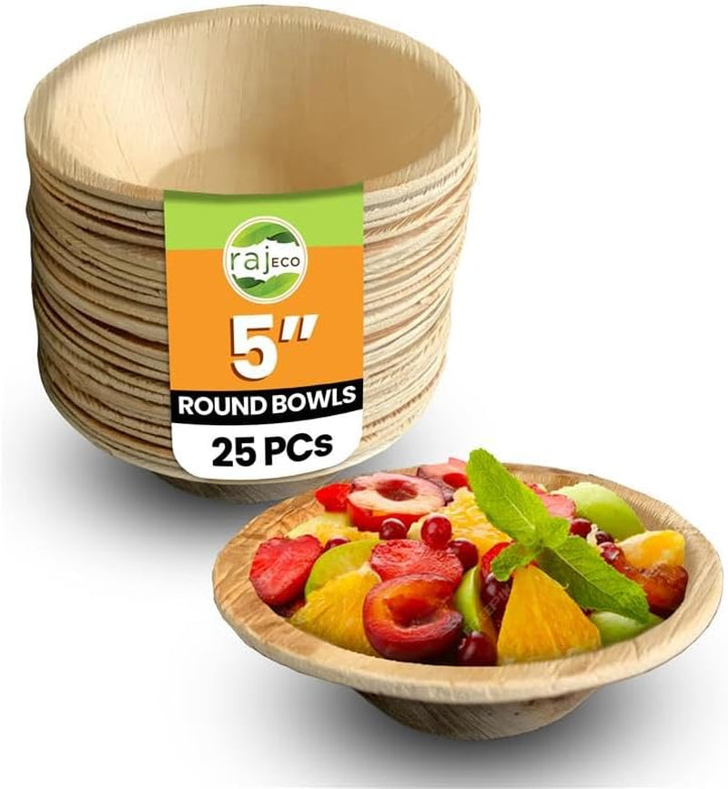Raj Disposable Palm Leaf Bowls (50 Count, 6" Bowls) Strong Bowl like Bamboo Party Bowl - Decorative Compostable Tableware for Lunch, Dinner, Birthday, Outdoor, BBQ, Picnic, Parties