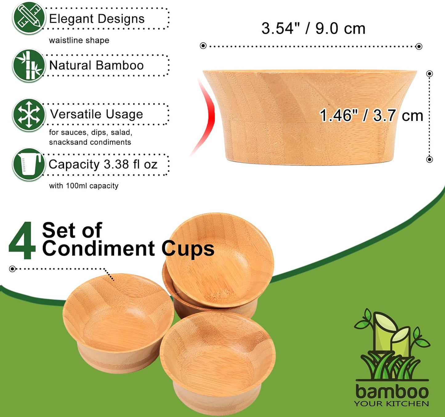 Small Bamboo Wooden Bowls, 3.4 OZ Salsa Bowls for Side Dishes/Dipping Sauce, Hand Carved Kitchen Prep Bowl for Salt/Condiments, Charcuterie Board Accessories 4 Pcs