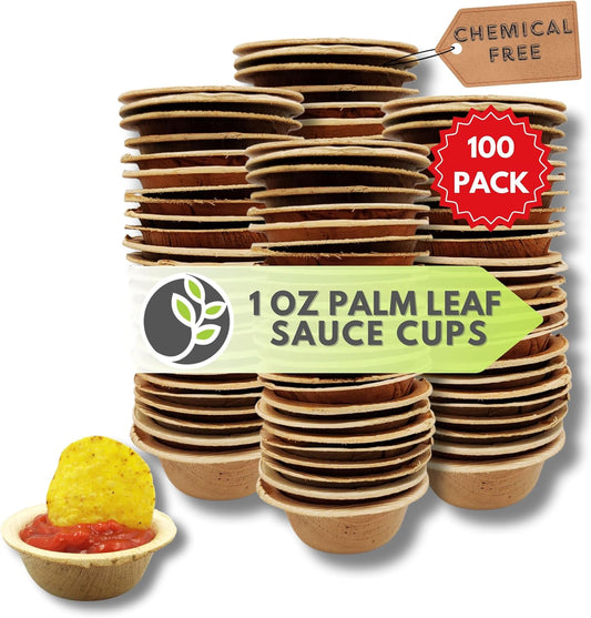 Mini Palm Leaf Dip Bowls - 2.5 Inch 100 Pack Sauce Cups - Same as Small Bamboo Bowls for Sauces - Eco Friendly, Disposable, Compostable and Biodegradable - Mini 1.5 oz Ramekins