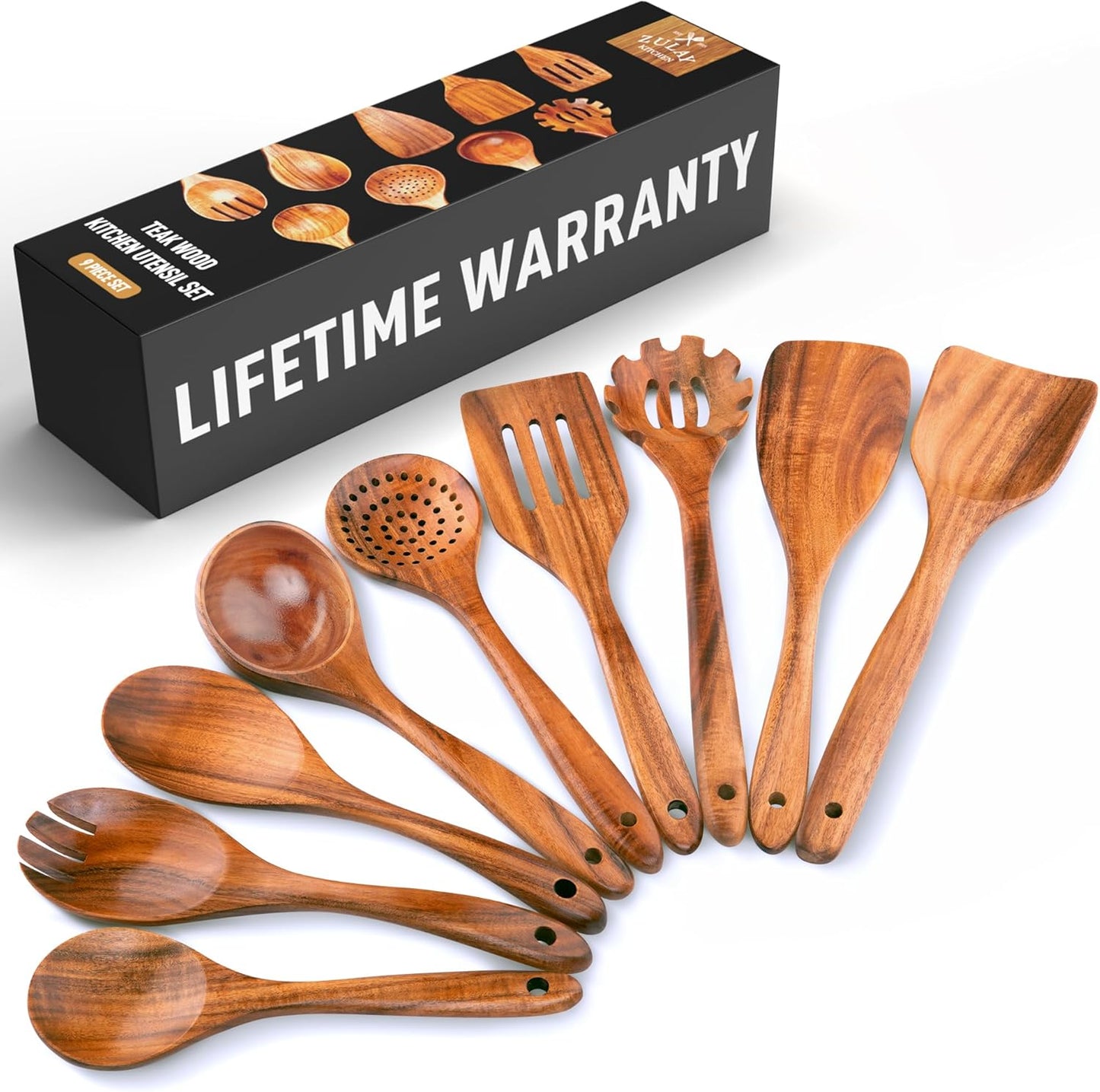 Zulay Kitchen 6-Piece Wooden Cooking Spoons Set – Heat-Resistant, Smooth Teak Utensils with Comfort Grip – Lightweight & Durable – Easy to Clean, Perfect for Non-Stick Cookware