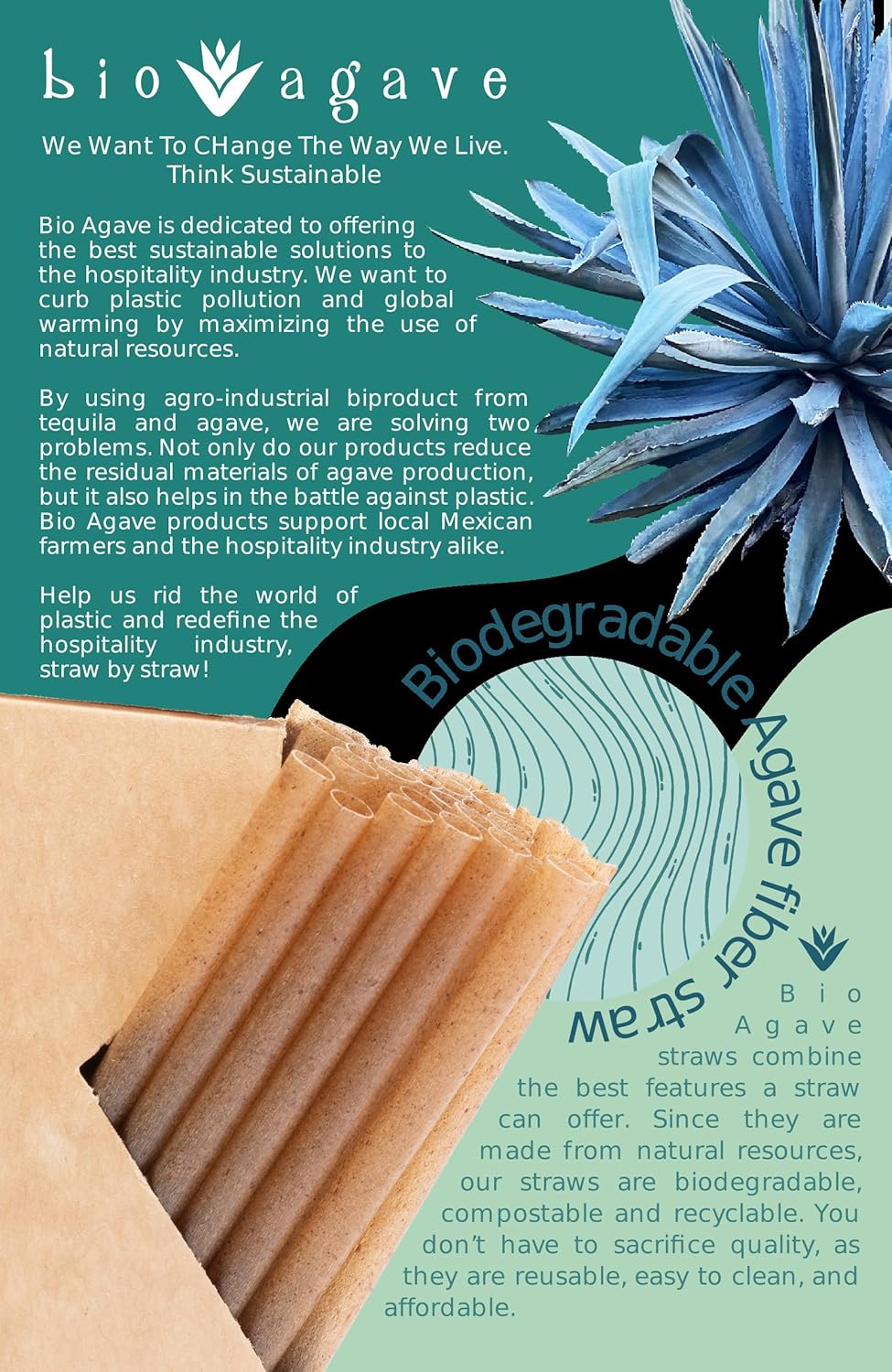Biodegradable 8.25" Standard Straws Made From Agave Fibers 150 Pcs | Plant-Based Eco-Friendly Products |Reusable Straws | Plastic-Free | Gluten-Free