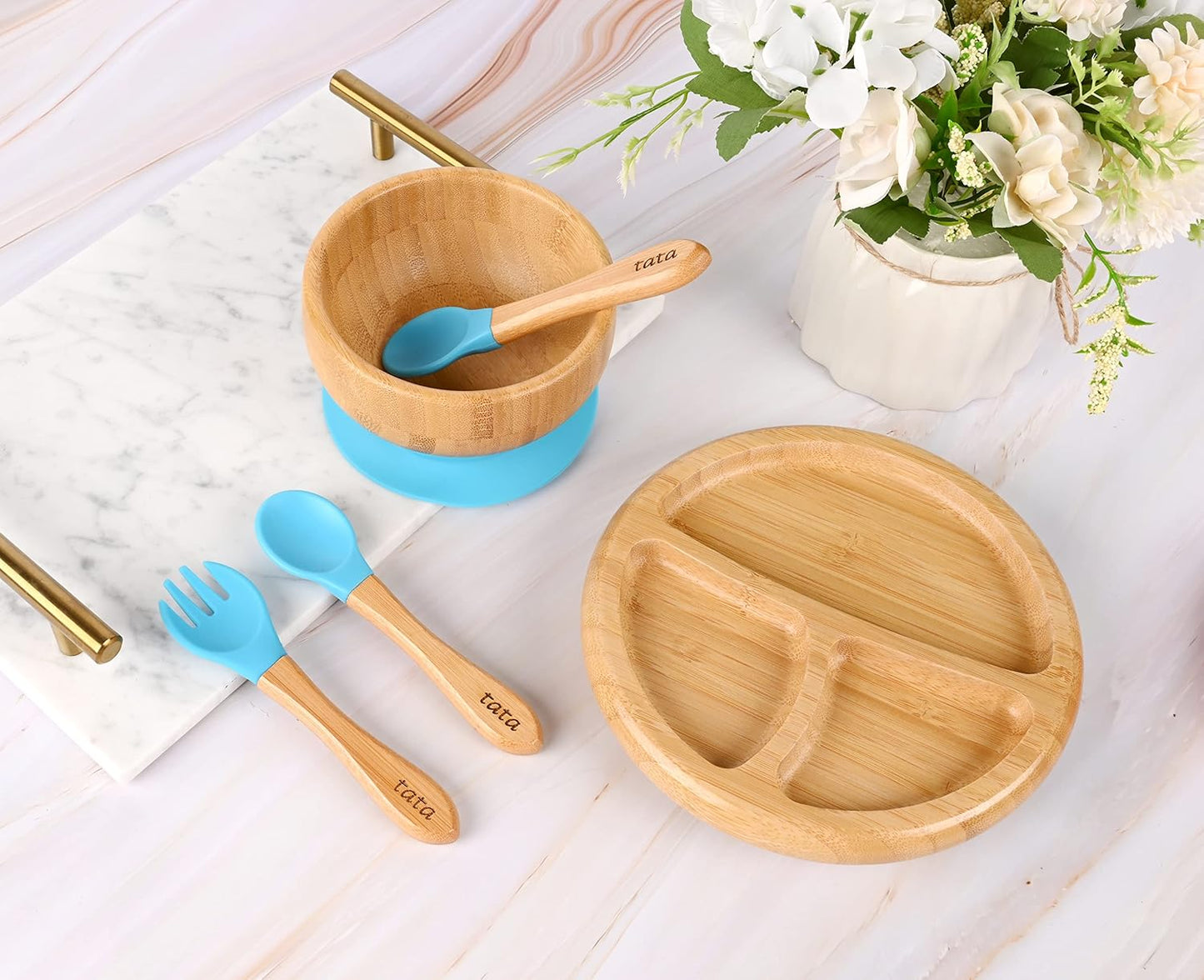 TATA AMG® Bamboo Suction Plate & Bowl with Fork and 2 Spoons | Divided Wooden Feeding Dish for Toddlers | Bpa-Free Baby Led Weaning (BLW) Utensil Set